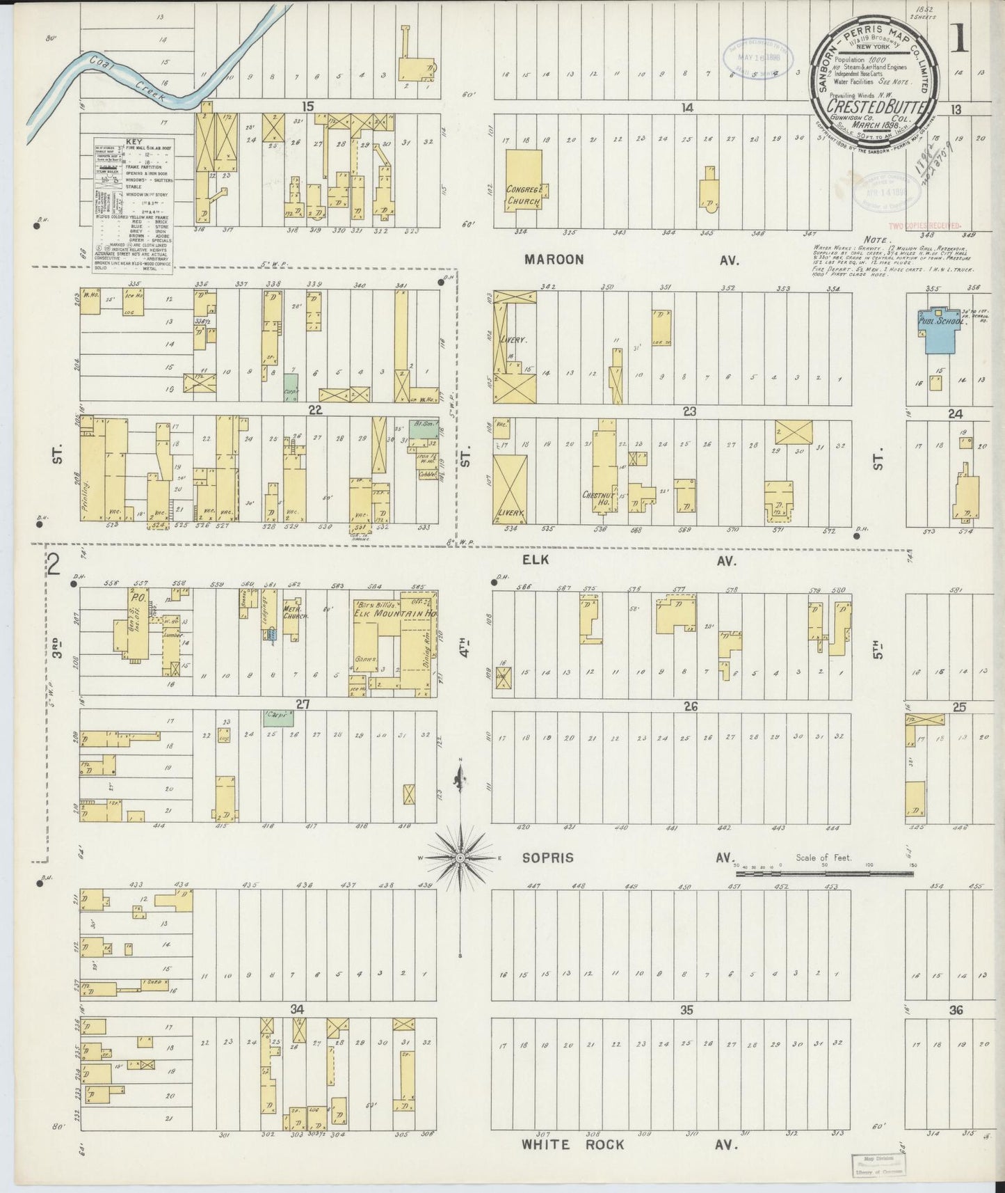 Sanborn Fire Insurance Map from Crested Butte, Gunnison County, Colorado (1898), Sheet #0001 - Historic Sanborn Fire Insurance Map Print, vintage old map wall art, antique decor, genealogy gift, Colorado Colorado map