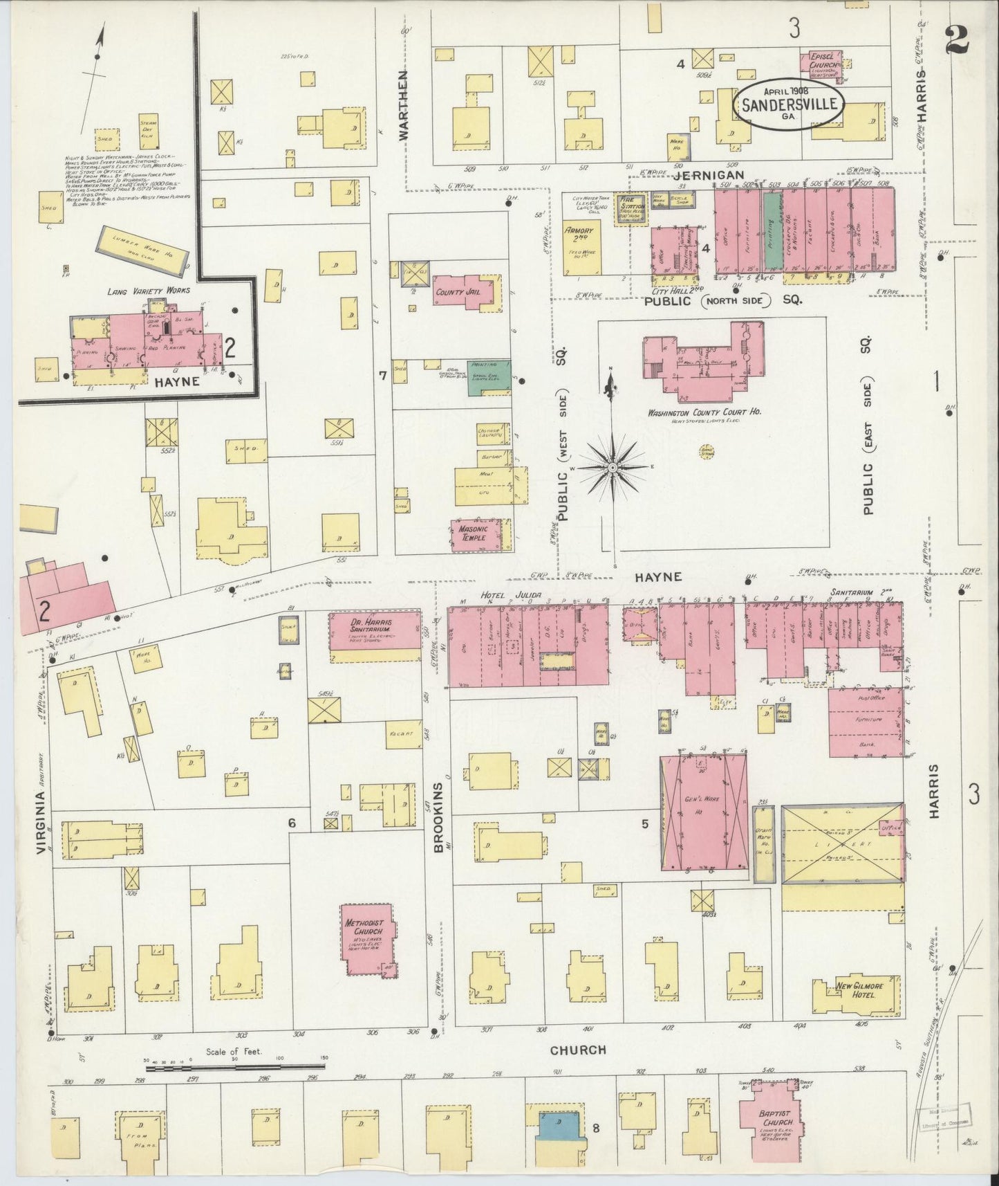 Sanborn Fire Insurance Map from Sandersville, Washington County, Georgia (1908), Sheet #0002 - Historic Sanborn Fire Insurance Map Print, vintage old map wall art, antique decor, genealogy gift, Georgia Georgia map