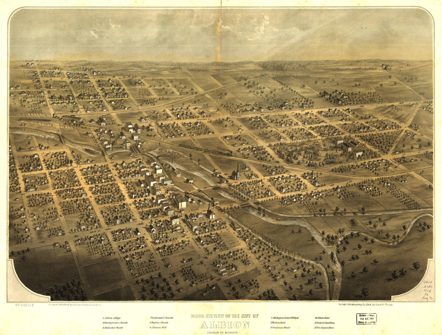 Birds eye view of the city of Albion, Calhoun Co., Michigan. (1868) – Historic Bird’s-Eye View Panorama Print