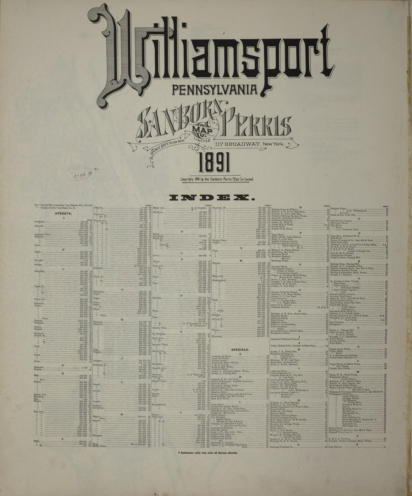 Sanborn Fire Insurance Map from Williamsport, Lycoming County, Pennsylvania. (1891) – Historic Sanborn Fire Insurance Map Print