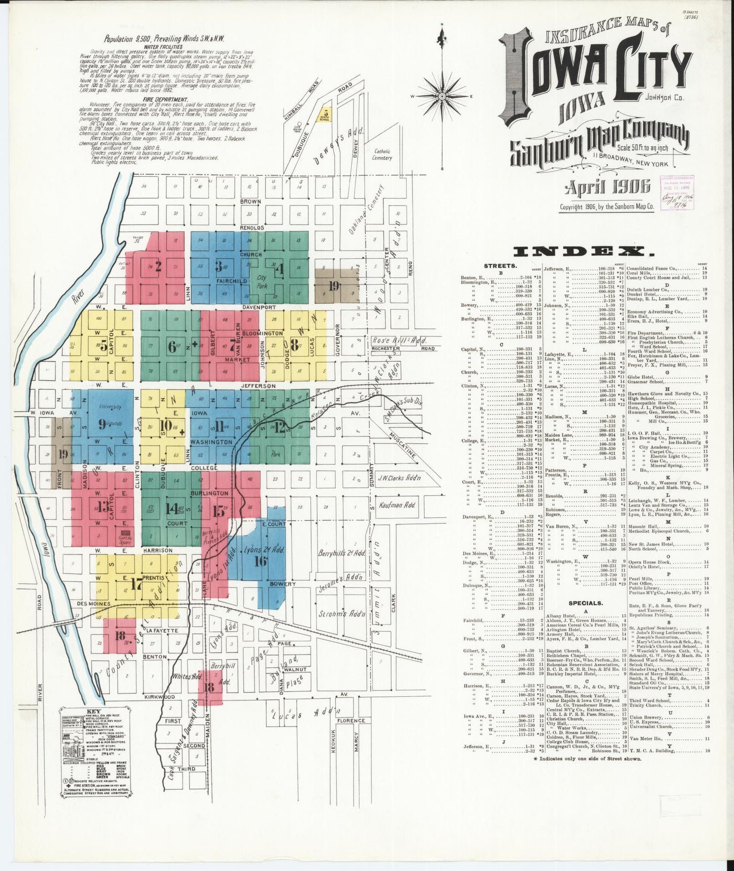 Sanborn Fire Insurance Map from Iowa City, Johnson County, Iowa (1906), Sheet #0001 - Historic Sanborn Fire Insurance Map Print, vintage old map wall art