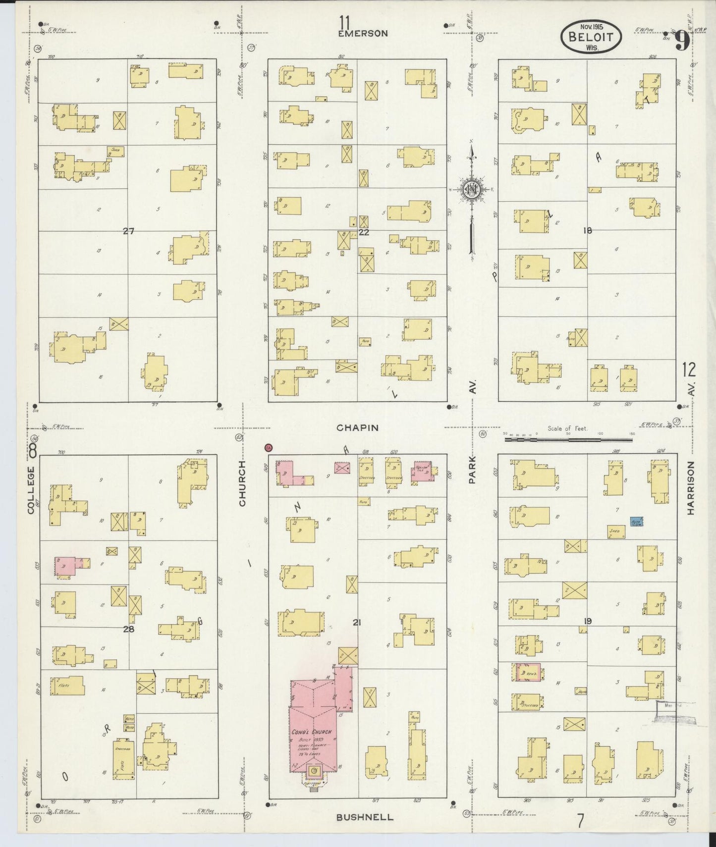 Sanborn Fire Insurance Map from Beloit, Rock County, Wisconsin (1915), Sheet #0009 - Historic Sanborn Fire Insurance Map Print, vintage old map wall art, antique decor, genealogy gift, Wisconsin Wisconsin map
