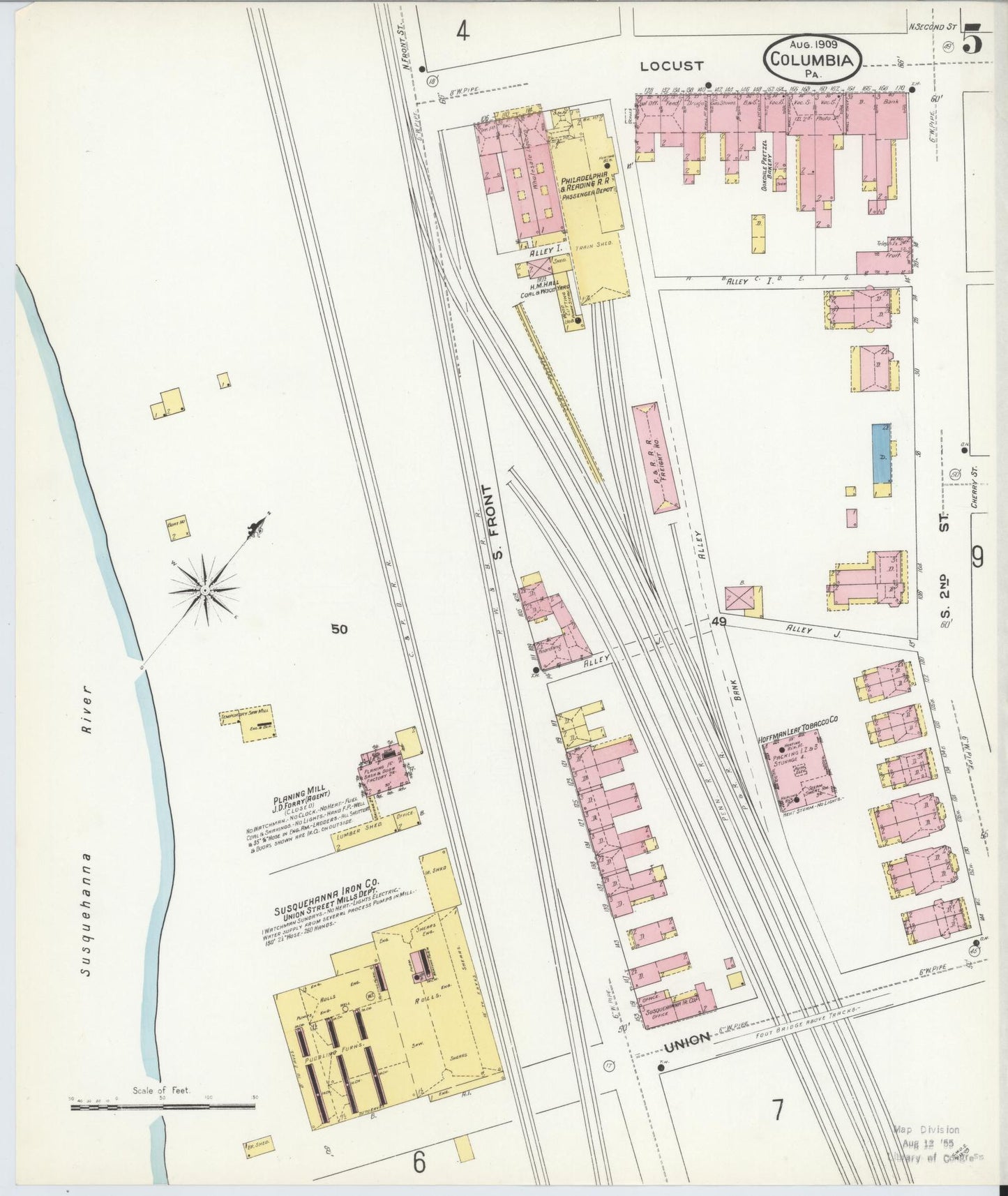 Sanborn Fire Insurance Map from Columbia, Lancaster County, Pennsylvania (1909), Sheet #0005 - Historic Sanborn Fire Insurance Map Print, vintage old map wall art, antique decor, genealogy gift, Pennsylvania Pennsylvania map