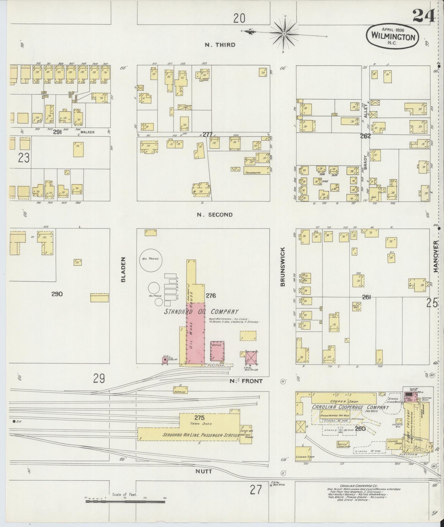 Sanborn Fire Insurance Map from Wilmington, New Hanover County, North Carolina (1898), Sheet #0024 - Historic Sanborn Fire Insurance Map Print, vintage old map wall art, antique decor, genealogy gift, North Carolina North Carolina map