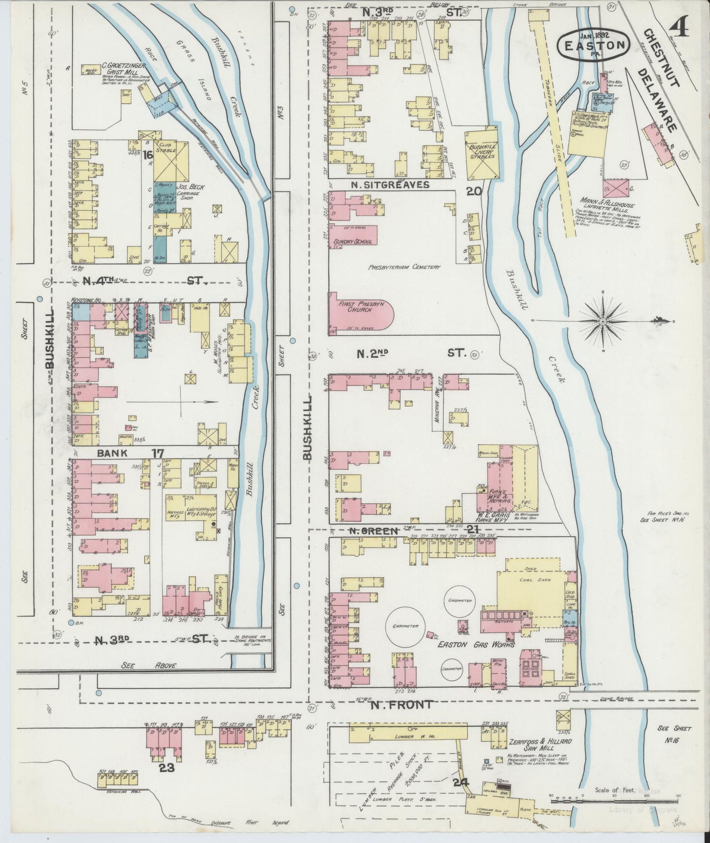 Sanborn Fire Insurance Map from Easton, Northampton County, Pennsylvania (1892), Sheet #0004 - Historic Sanborn Fire Insurance Map Print, vintage old map wall art, antique decor, genealogy gift, Pennsylvania Pennsylvania map
