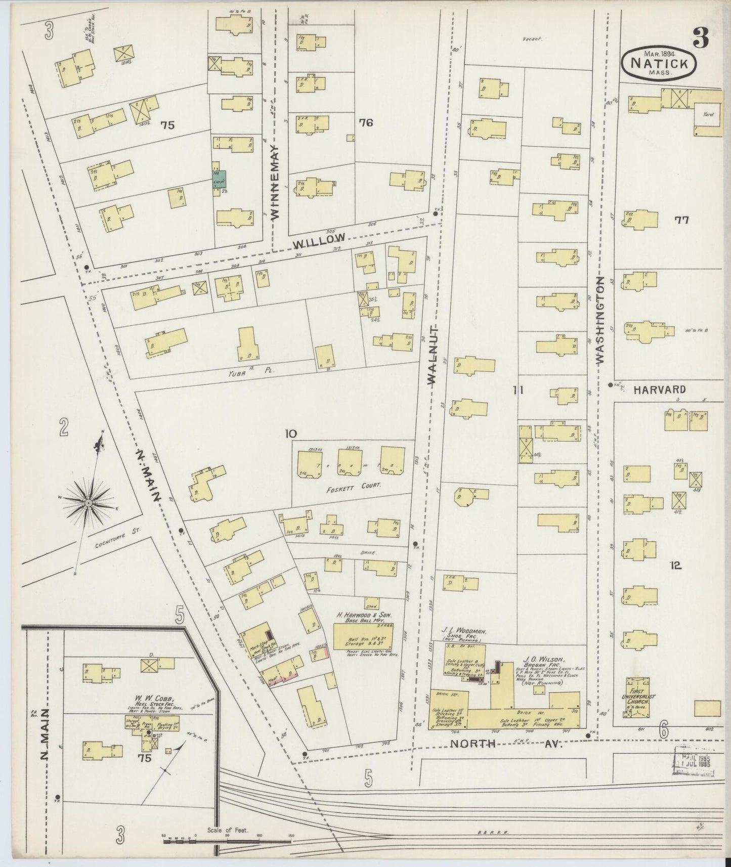 Sanborn Fire Insurance Map from Natick, Middlesex County, Massachusetts (1894), Sheet #0003 - Historic Sanborn Fire Insurance Map Print, vintage old map wall art, antique decor, genealogy gift, Massachusetts Massachusetts map