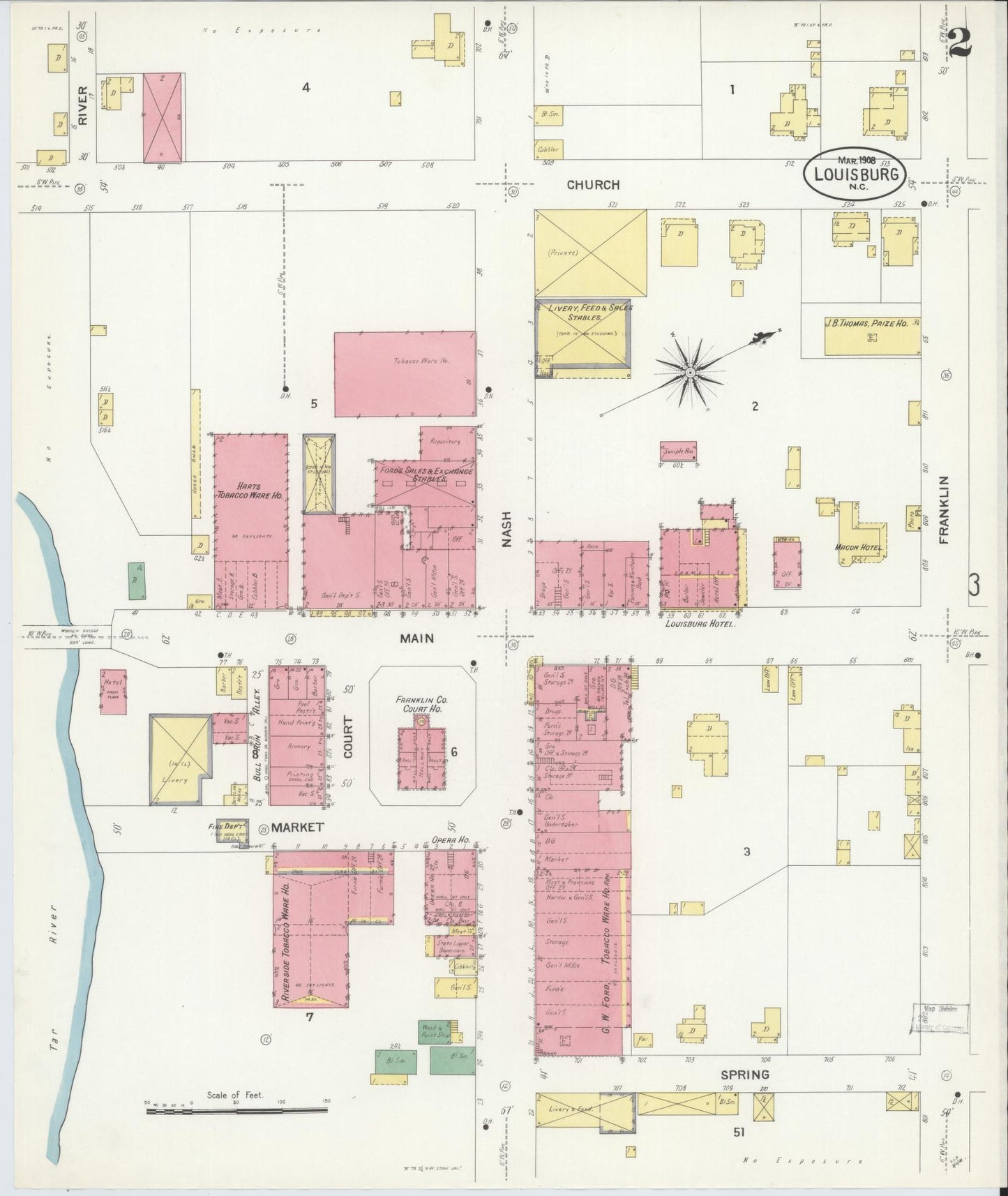 Sanborn Fire Insurance Map from Louisburg, Franklin County, North Carolina (1908), Sheet #0002 - Historic Sanborn Fire Insurance Map Print, vintage old map wall art, antique decor, genealogy gift, North Carolina North Carolina map