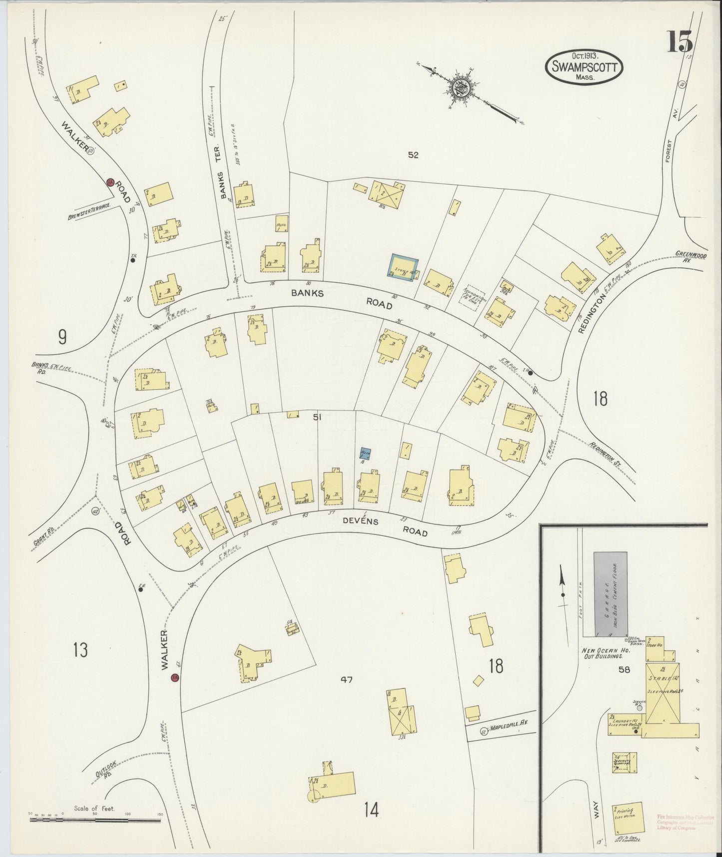 Sanborn Fire Insurance Map from Swampscott, Essex County, Massachusetts (1913), Sheet #0015 - Historic Sanborn Fire Insurance Map Print, vintage old map wall art, antique decor, genealogy gift, Massachusetts Massachusetts map