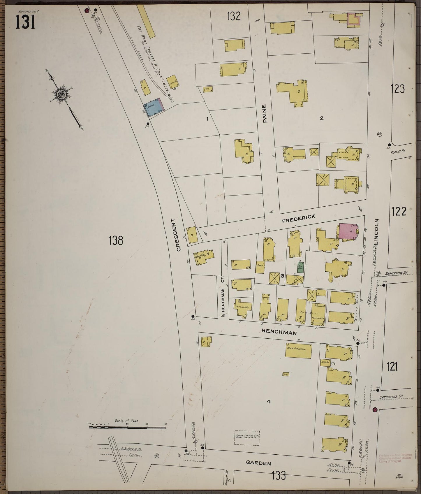 Sanborn Fire Insurance Map from Worcester, Worcester County, Massachusetts (1910), Sheet #0131 - Historic Sanborn Fire Insurance Map Print, vintage old map wall art, antique decor, genealogy gift, Massachusetts Massachusetts map