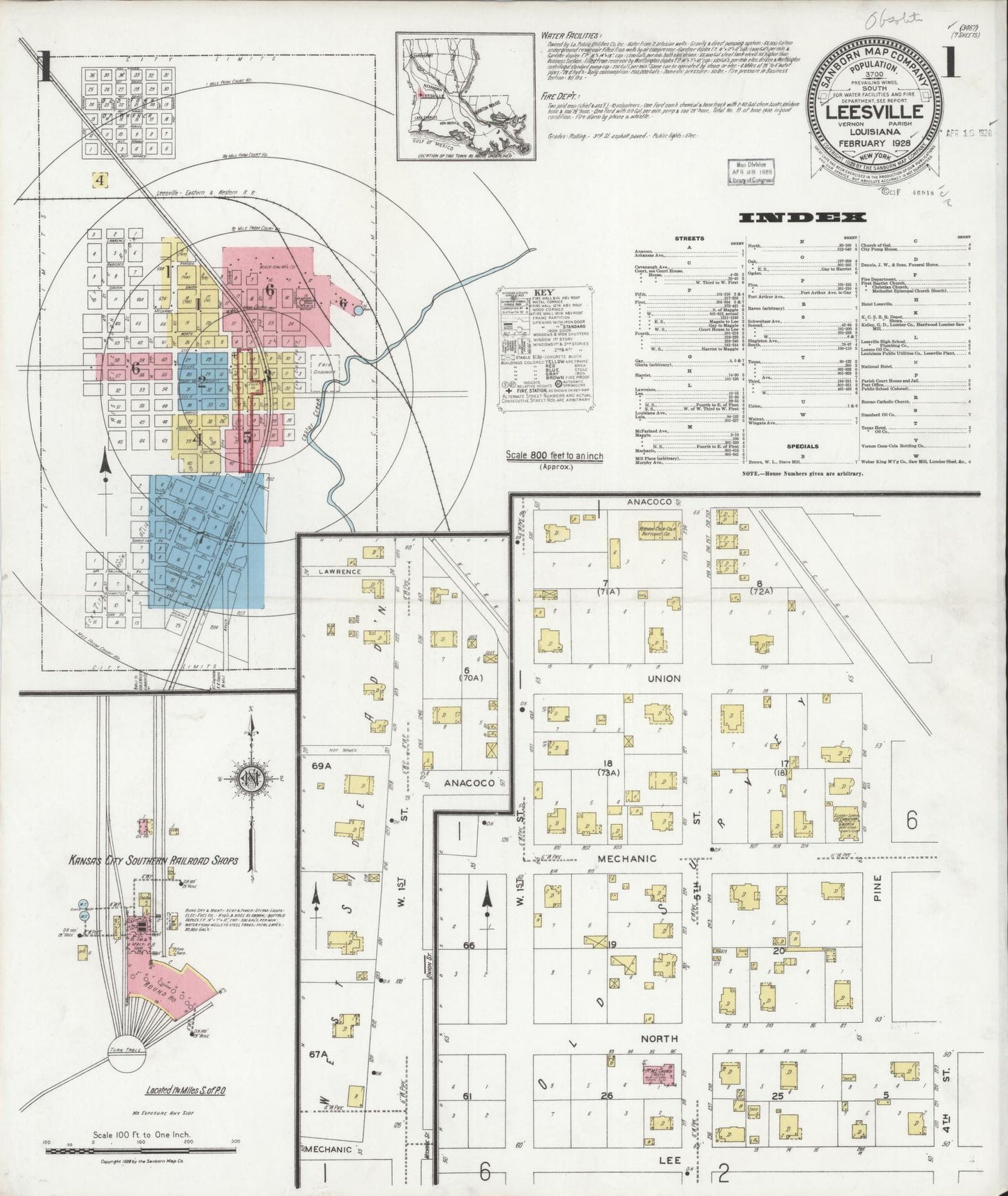 Sanborn Fire Insurance Map from Leesville, Vernon Parish, Louisiana (1928), Sheet #0001 - Historic Sanborn Fire Insurance Map Print, vintage old map wall art, antique decor, genealogy gift, Louisiana Louisiana map