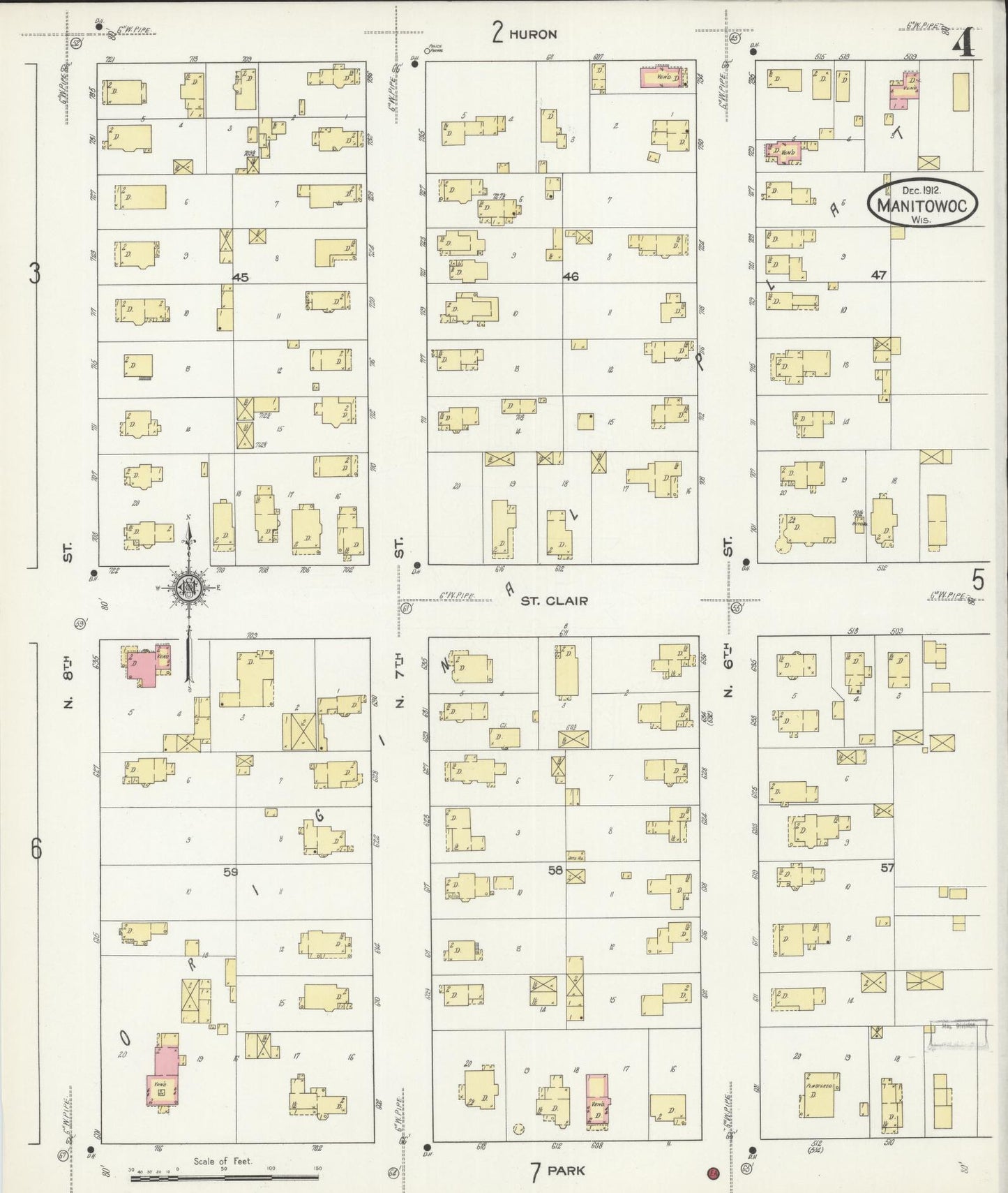 Sanborn Fire Insurance Map from Manitowoc, Manitowoc County, Wisconsin (1912), Sheet #0004 - Historic Sanborn Fire Insurance Map Print, vintage old map wall art, antique decor, genealogy gift, Wisconsin Wisconsin map