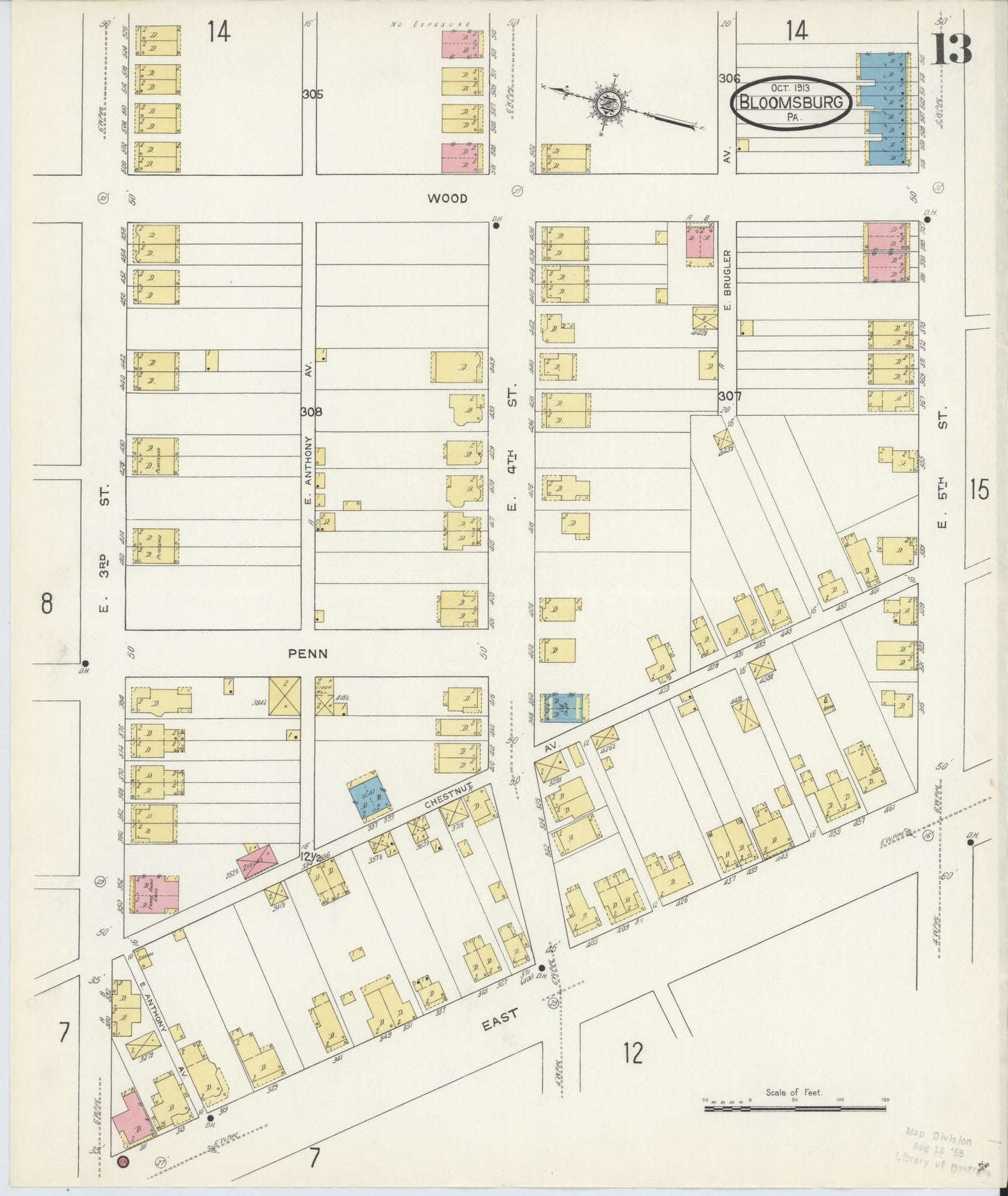 Sanborn Fire Insurance Map from Bloomsburg, Columbia County, Pennsylvania (1913), Sheet #0013 - Historic Sanborn Fire Insurance Map Print, vintage old map wall art, antique decor, genealogy gift, Pennsylvania Pennsylvania map