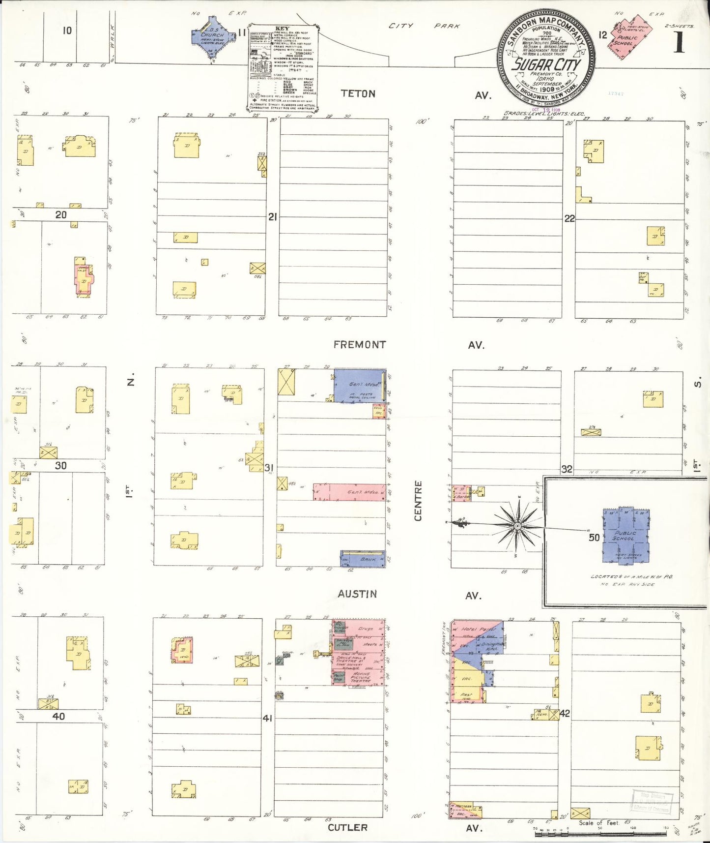 Sanborn Fire Insurance Map from Sugar City, Madison County, Idaho (1909), Sheet #0001 - Historic Sanborn Fire Insurance Map Print, vintage old map wall art, antique decor, genealogy gift, Idaho Idaho map