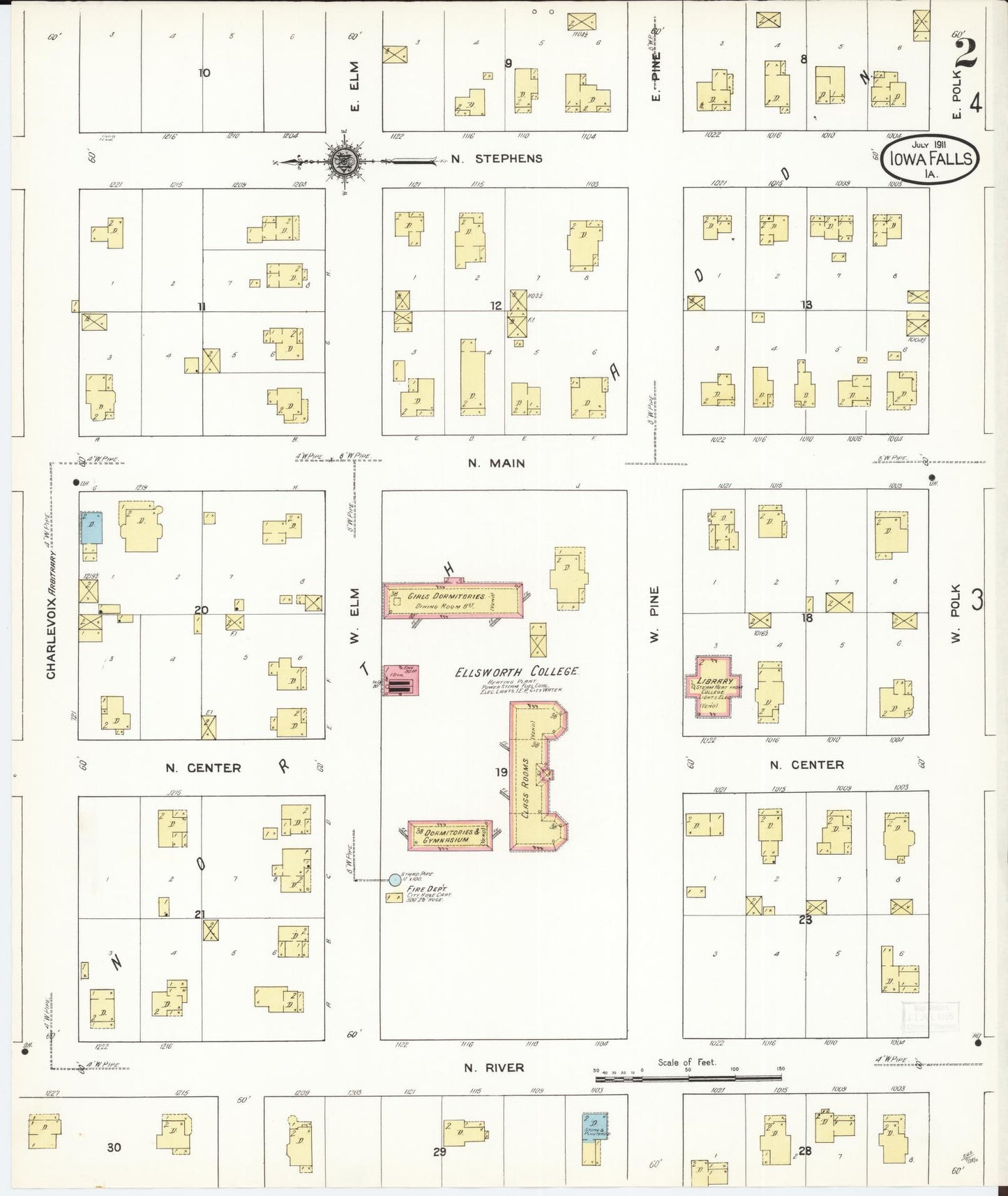 Sanborn Fire Insurance Map from Iowa Falls, Hardin County, Iowa (1911), Sheet #0002 - Historic Sanborn Fire Insurance Map Print, vintage old map wall art