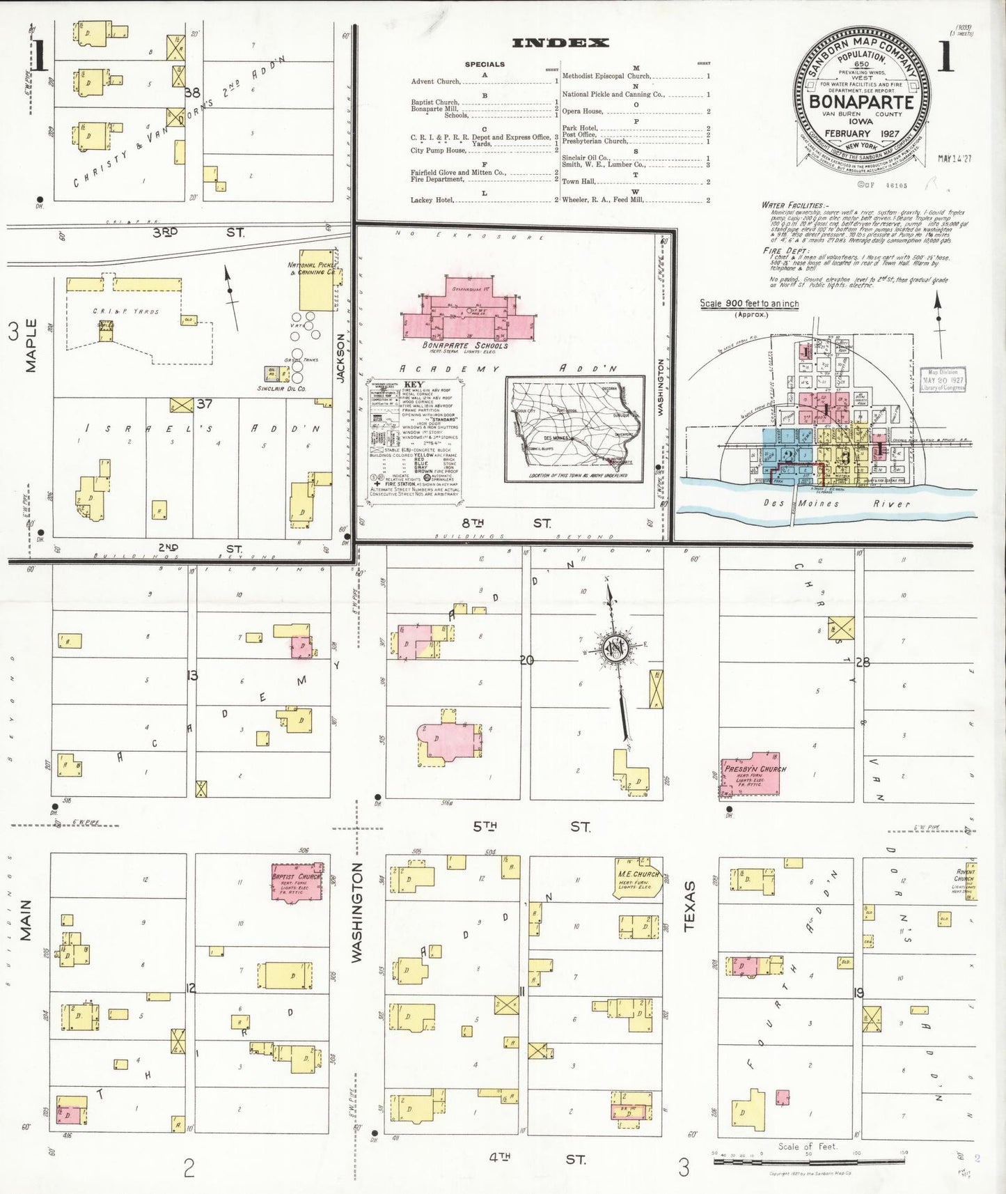 Sanborn Fire Insurance Map from Bonaparte, Van Buren County, Iowa (1927), Sheet #0001 - Historic Sanborn Fire Insurance Map Print, vintage old map wall art