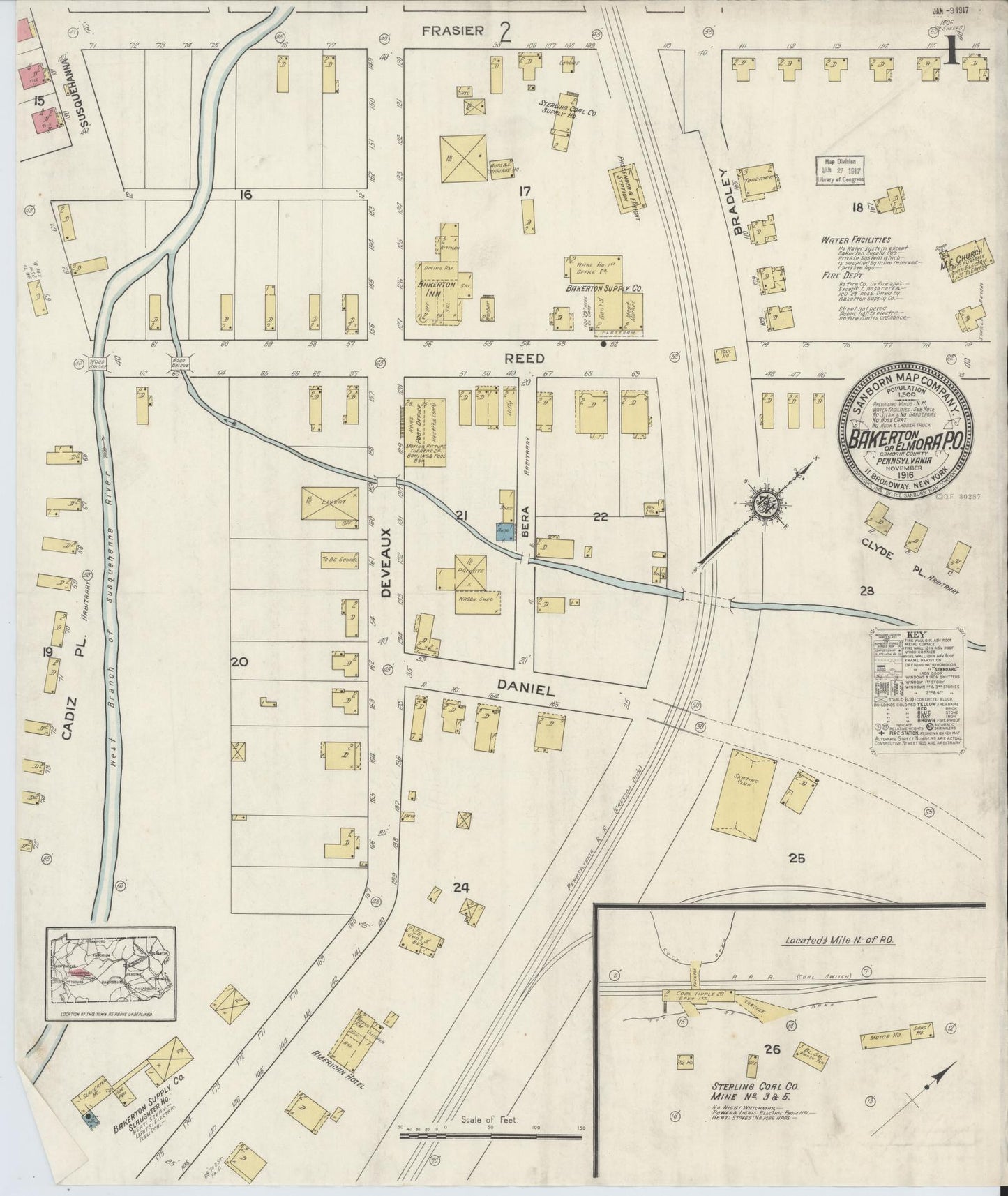 Sanborn Fire Insurance Map from Bakerton, Cambria County, Pennsylvania (1916), Sheet #0001 - Historic Sanborn Fire Insurance Map Print, vintage old map wall art, antique decor, genealogy gift, Pennsylvania Pennsylvania map