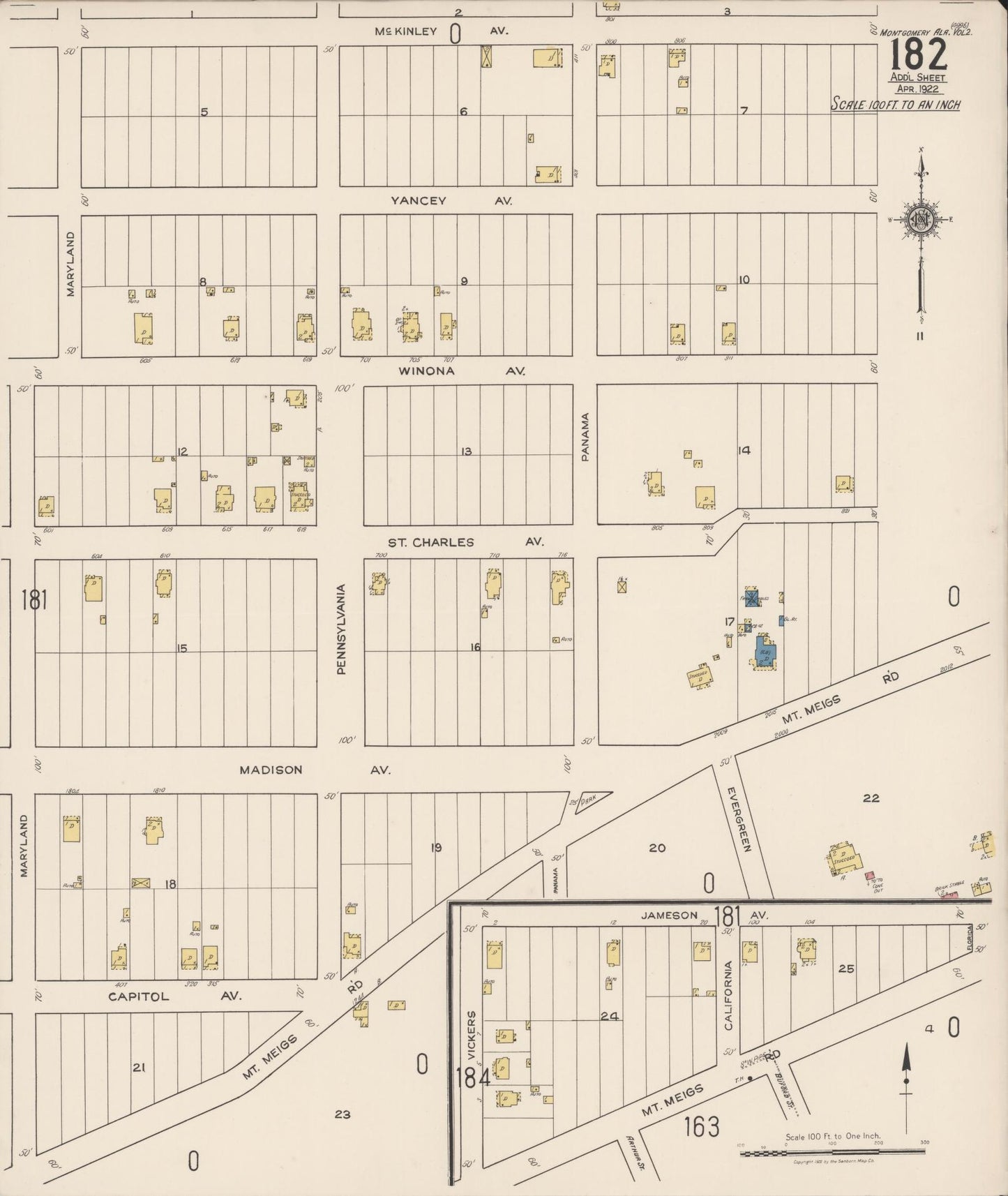 Sanborn Fire Insurance Map from Montgomery, Montgomery County, Alabama (1922), Sheet #0182 - Historic Sanborn Fire Insurance Map Print, vintage old map wall art, antique decor, genealogy gift, Alabama Alabama map