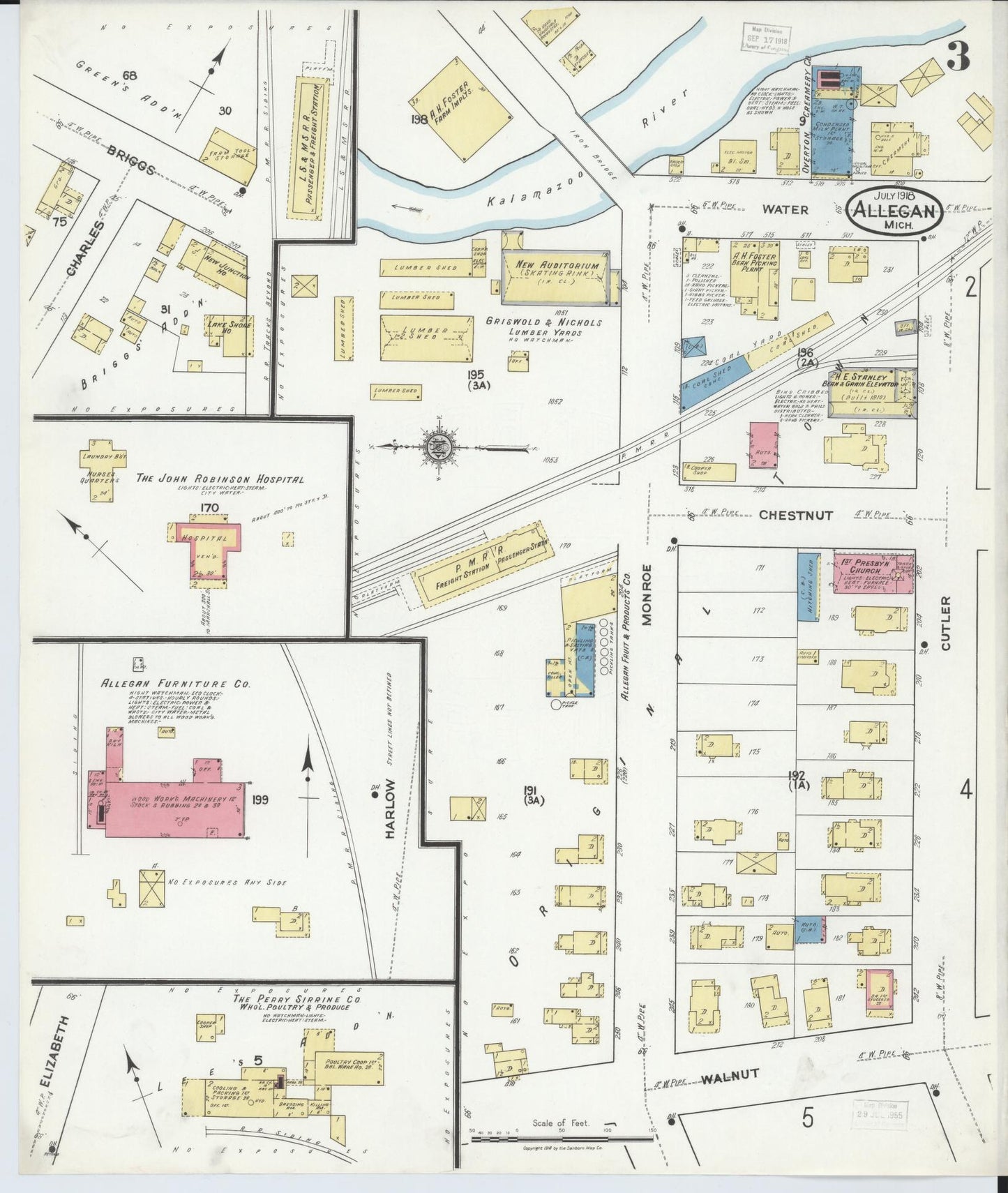 Sanborn Fire Insurance Map from Allegan, Allegan County, Michigan (1918), Sheet #0003 - Historic Sanborn Fire Insurance Map Print, vintage old map wall art, antique decor, genealogy gift, Michigan Michigan map