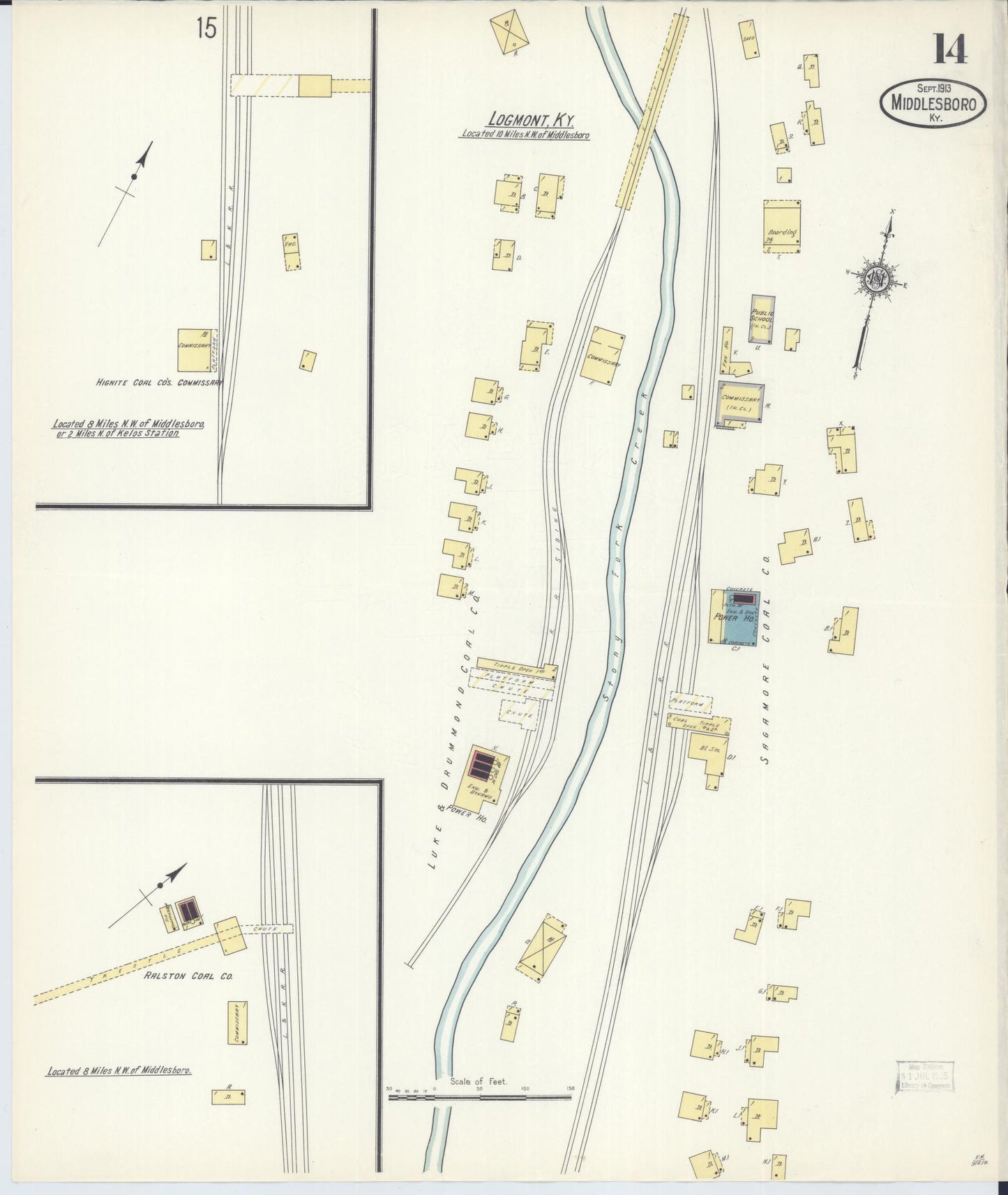 Sanborn Fire Insurance Map from Middlesboro, Bell County, Kentucky (1913), Sheet #0014 - Historic Sanborn Fire Insurance Map Print, vintage old map wall art, antique decor, genealogy gift, Kentucky Kentucky map