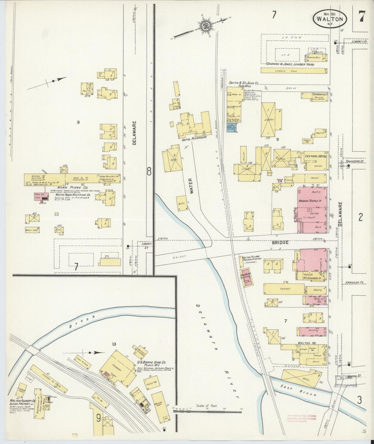 Sanborn Fire Insurance Map from Walton, Delaware County, New York (1911), Sheet #0007 - Historic Sanborn Fire Insurance Map Print, vintage old map wall art, antique decor, genealogy gift, Walton Delaware map