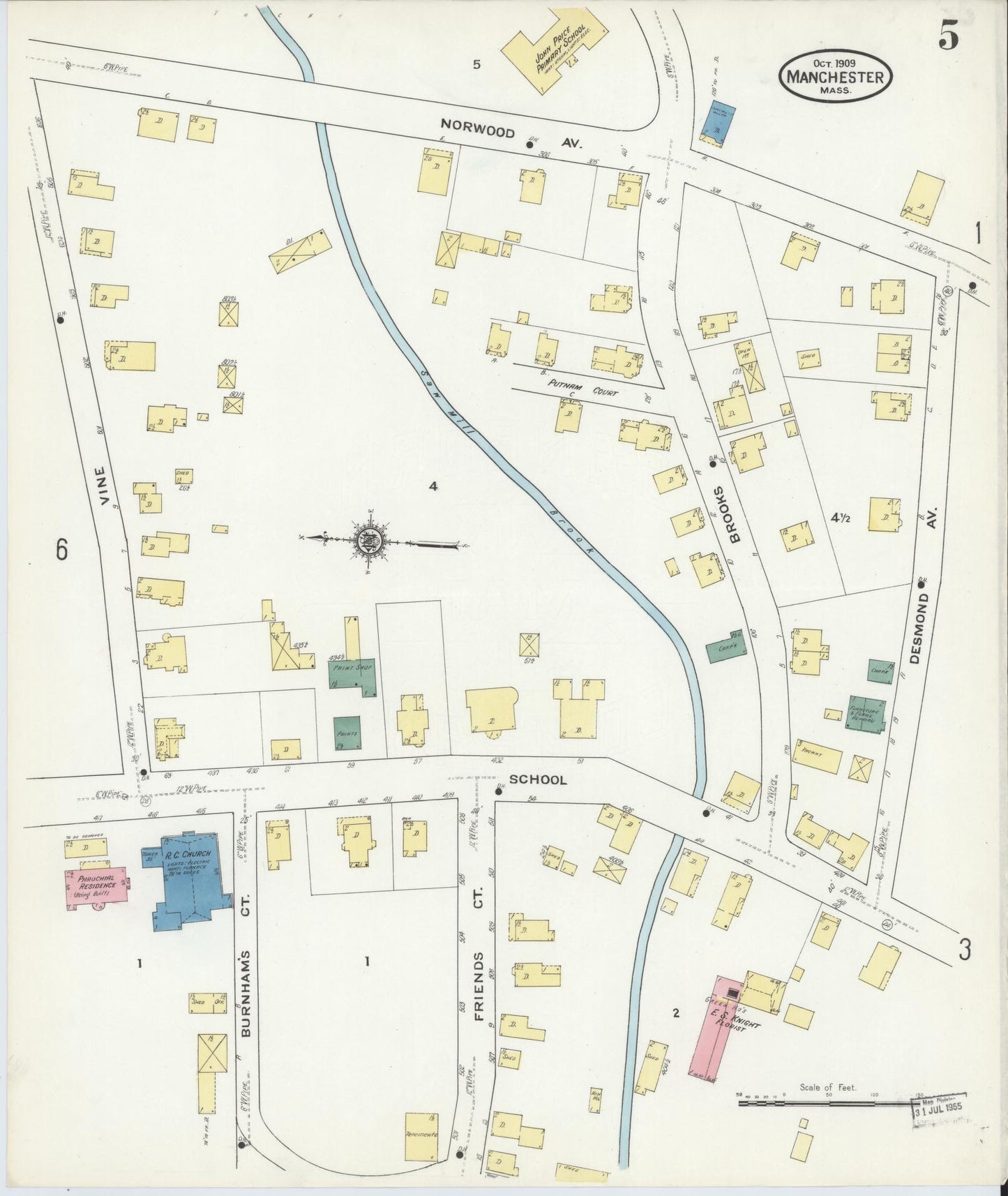Sanborn Fire Insurance Map from Manchester, Essex County, Massachusetts (1909), Sheet #0005 - Historic Sanborn Fire Insurance Map Print, vintage old map wall art, antique decor, genealogy gift, Massachusetts Massachusetts map