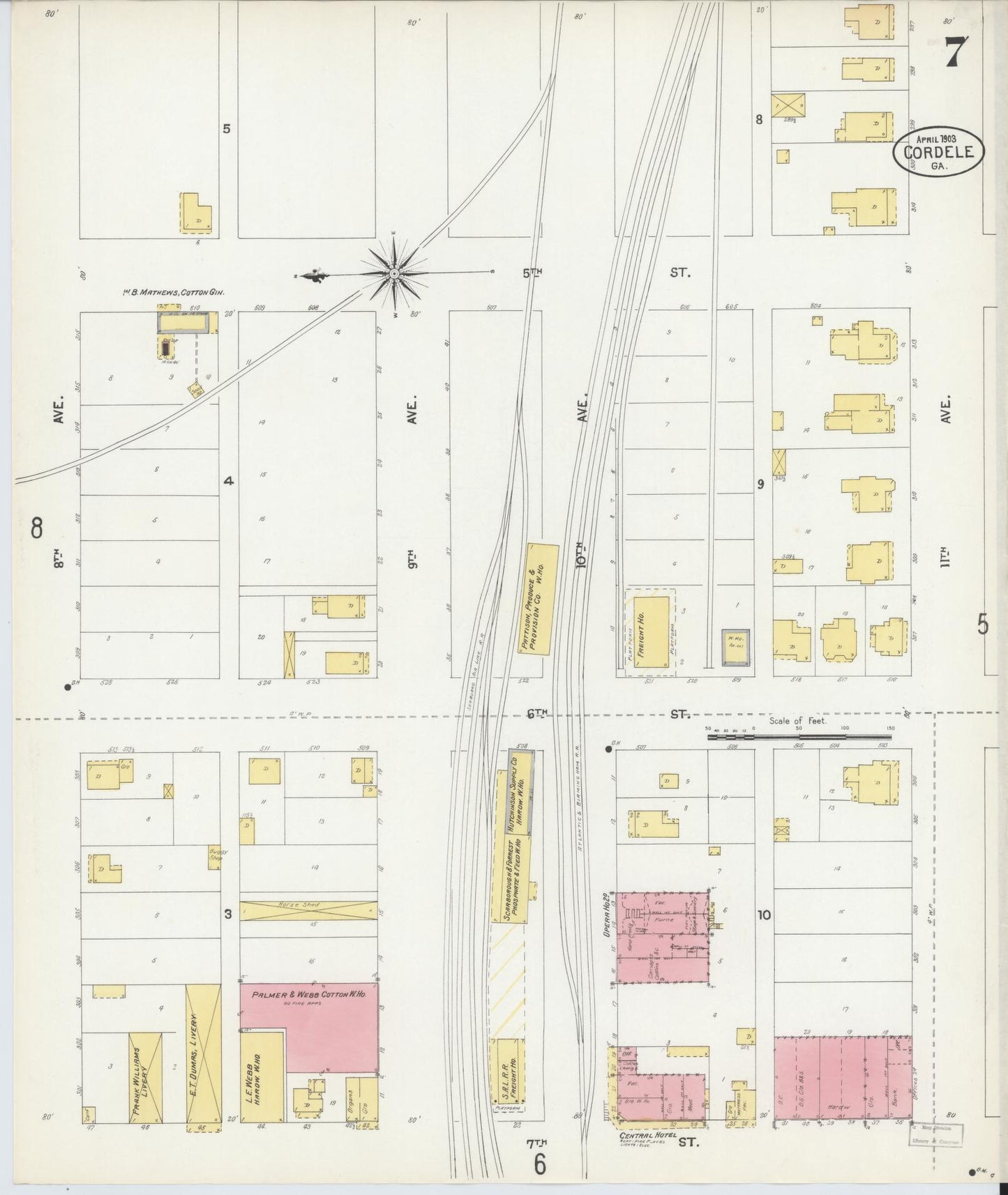 Sanborn Fire Insurance Map from Cordele, Crisp County, Georgia (1903), Sheet #0007 - Historic Sanborn Fire Insurance Map Print, vintage old map wall art, antique decor, genealogy gift, Georgia Georgia map