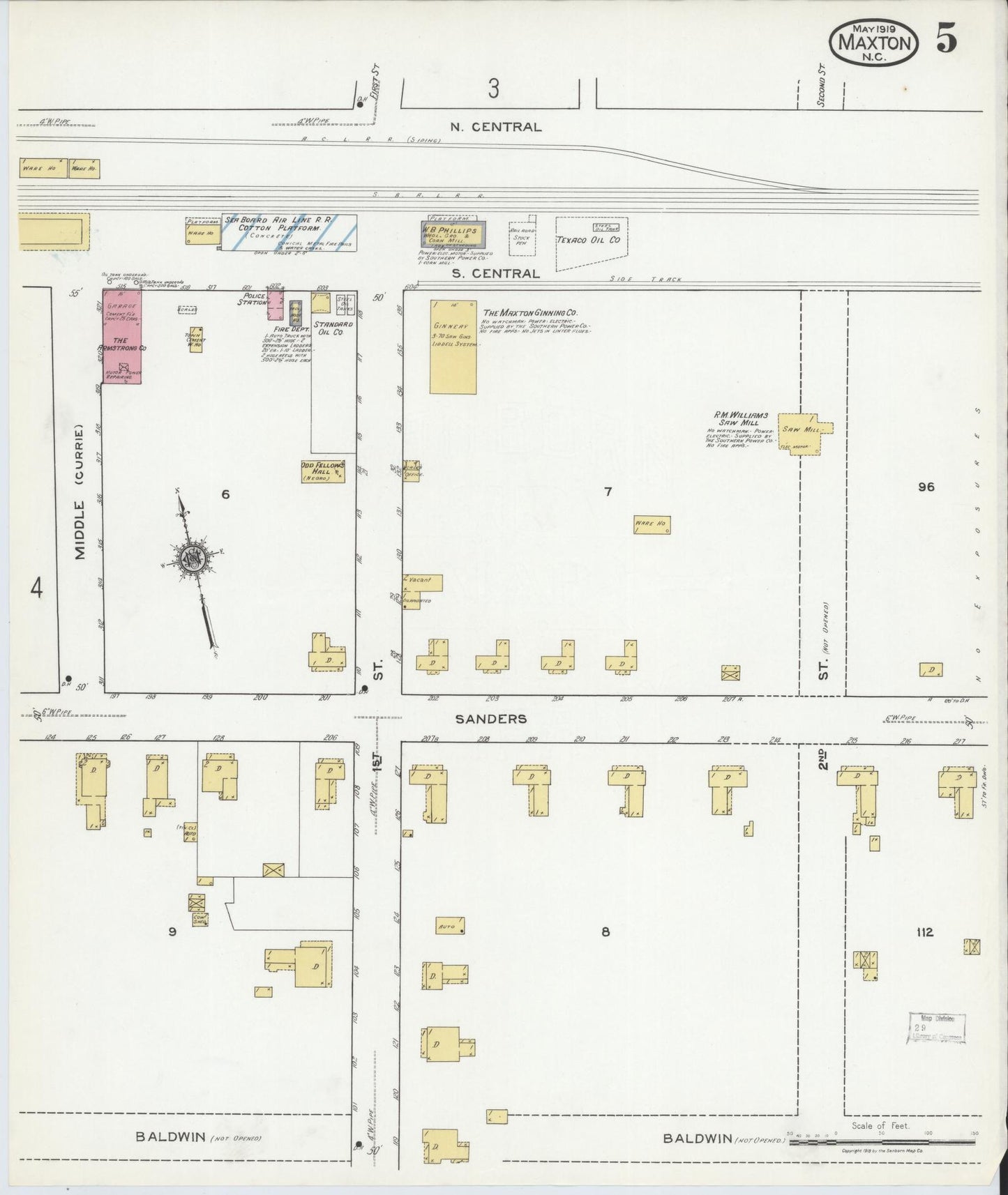 Sanborn Fire Insurance Map from Maxton, Robeson County, North Carolina (1919), Sheet #0005 - Historic Sanborn Fire Insurance Map Print, vintage old map wall art, antique decor, genealogy gift, North Carolina North Carolina map