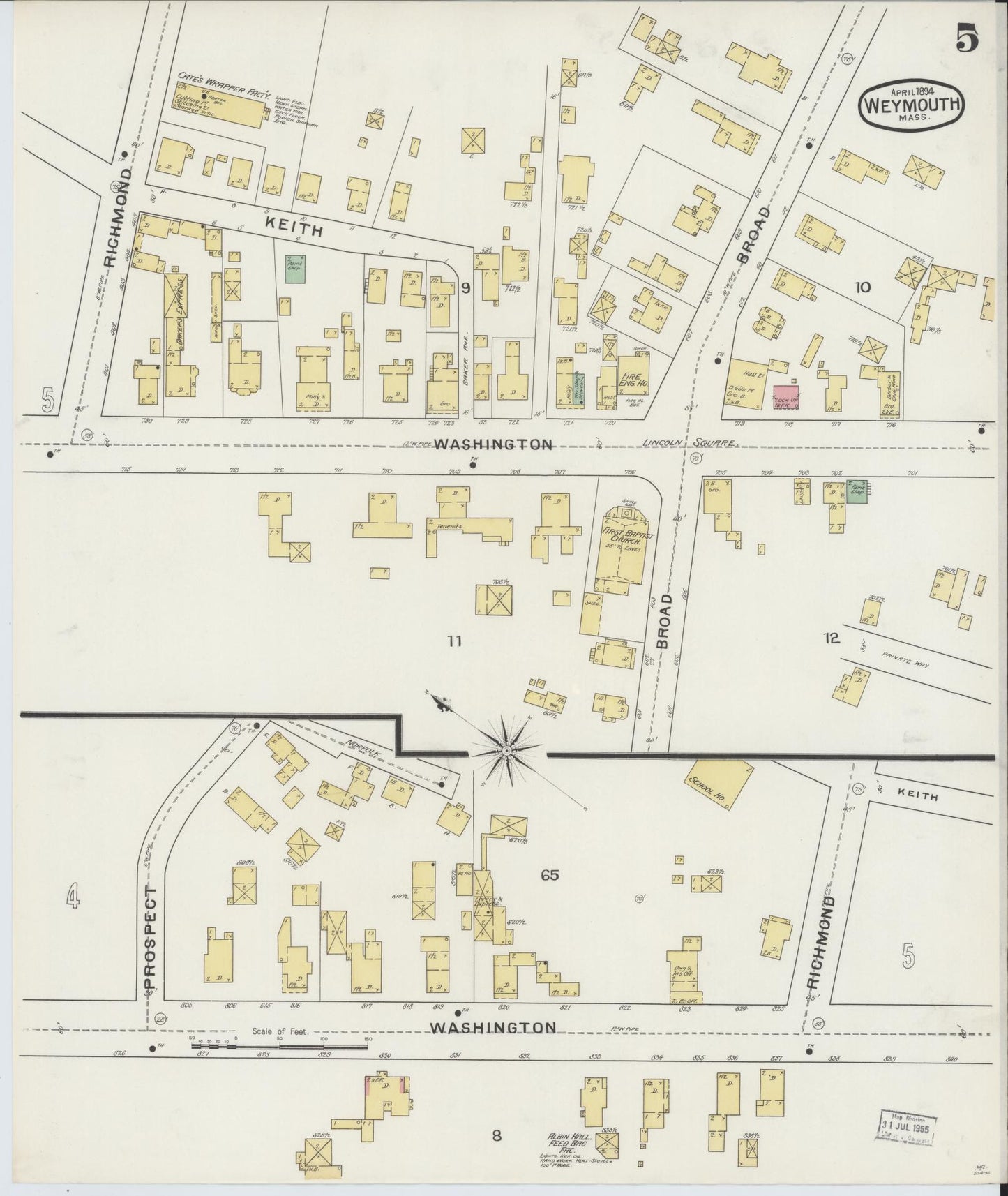 Sanborn Fire Insurance Map from Weymouth, Norfolk County, Massachusetts (1894), Sheet #0005 - Historic Sanborn Fire Insurance Map Print, vintage old map wall art, antique decor, genealogy gift, Massachusetts Massachusetts map