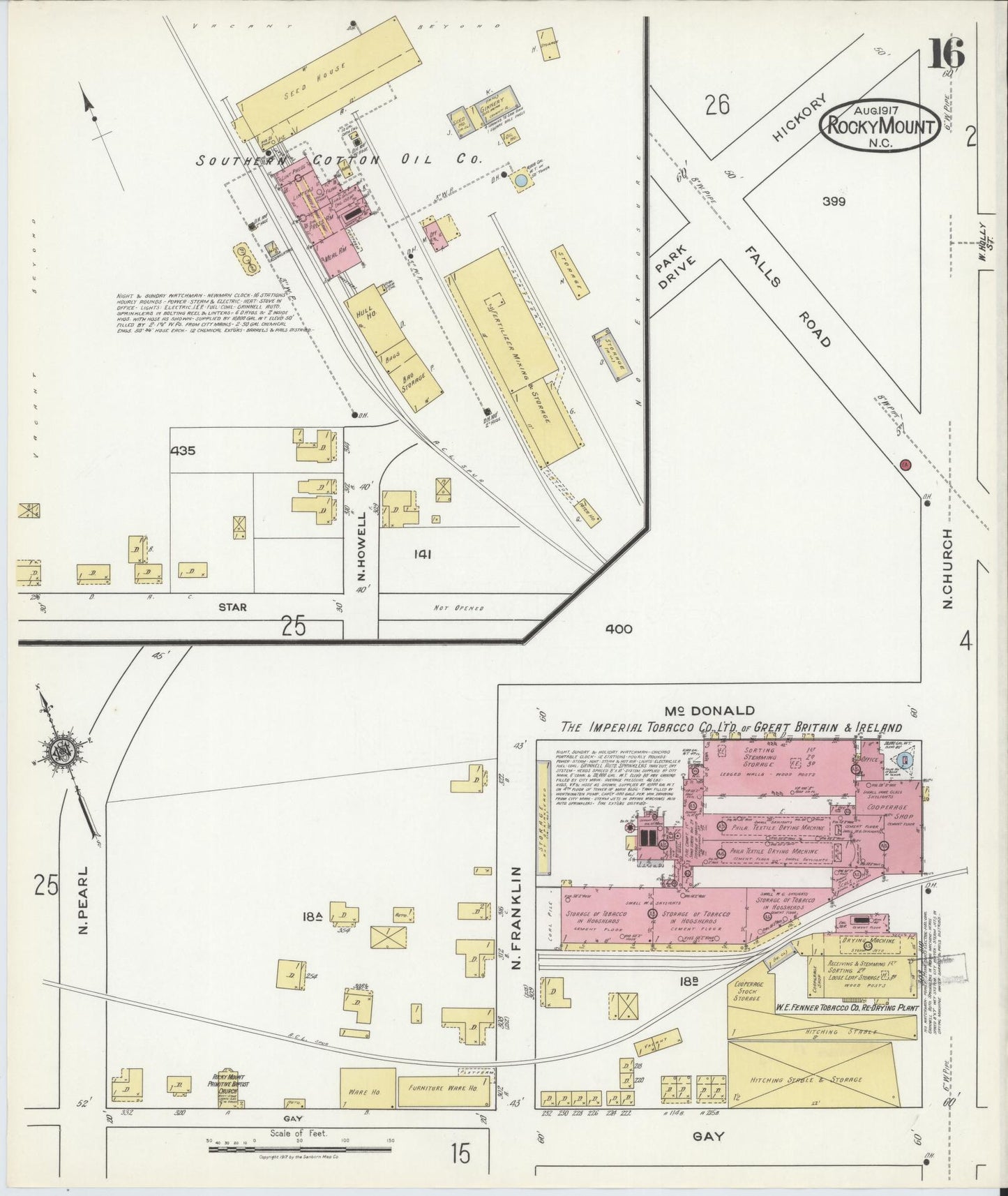 Sanborn Fire Insurance Map from Rocky Mount, Edgecombe And Nash Counties, North Carolina (1917), Sheet #0016 - Historic Sanborn Fire Insurance Map Print, vintage old map wall art, antique decor, genealogy gift, North Carolina North Carolina map