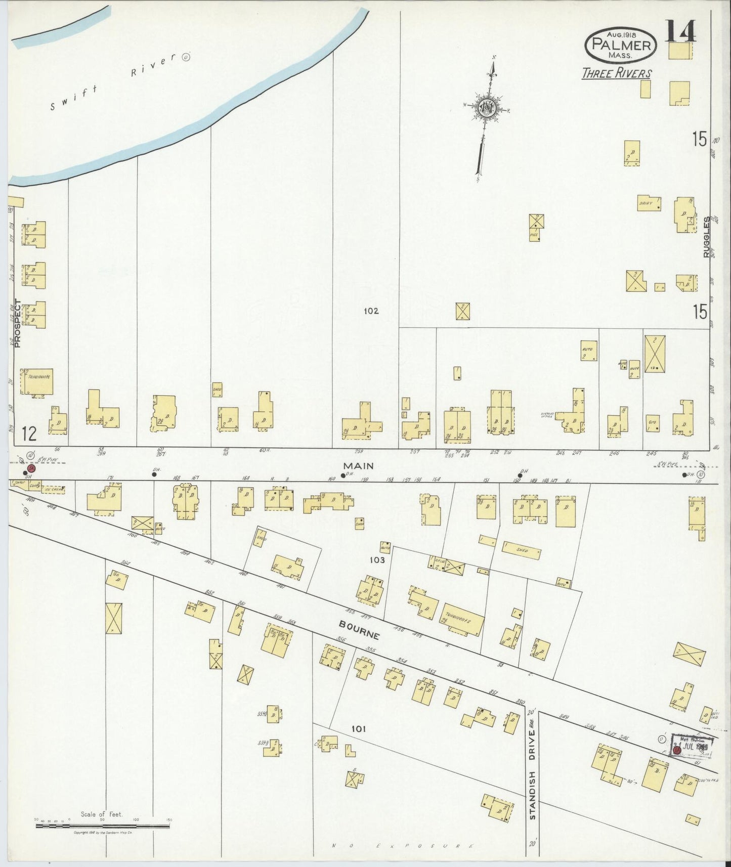 Sanborn Fire Insurance Map from Palmer, Hampden County, Massachusetts (1918), Sheet #0014 - Historic Sanborn Fire Insurance Map Print, vintage old map wall art, antique decor, genealogy gift, Massachusetts Massachusetts map