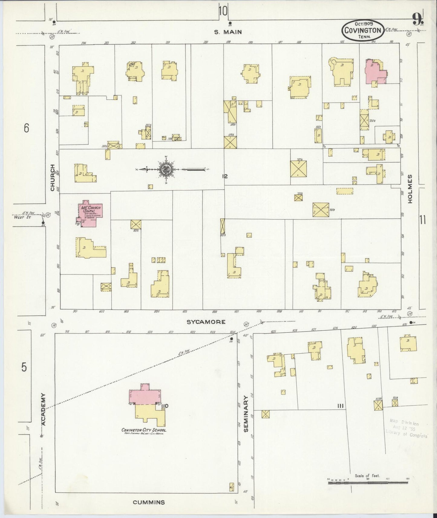 Sanborn Fire Insurance Map from Covington, Tipton County, Tennessee (1909), Sheet #0009 - Historic Sanborn Fire Insurance Map Print, vintage old map wall art, antique decor, genealogy gift, Tennessee Tennessee map