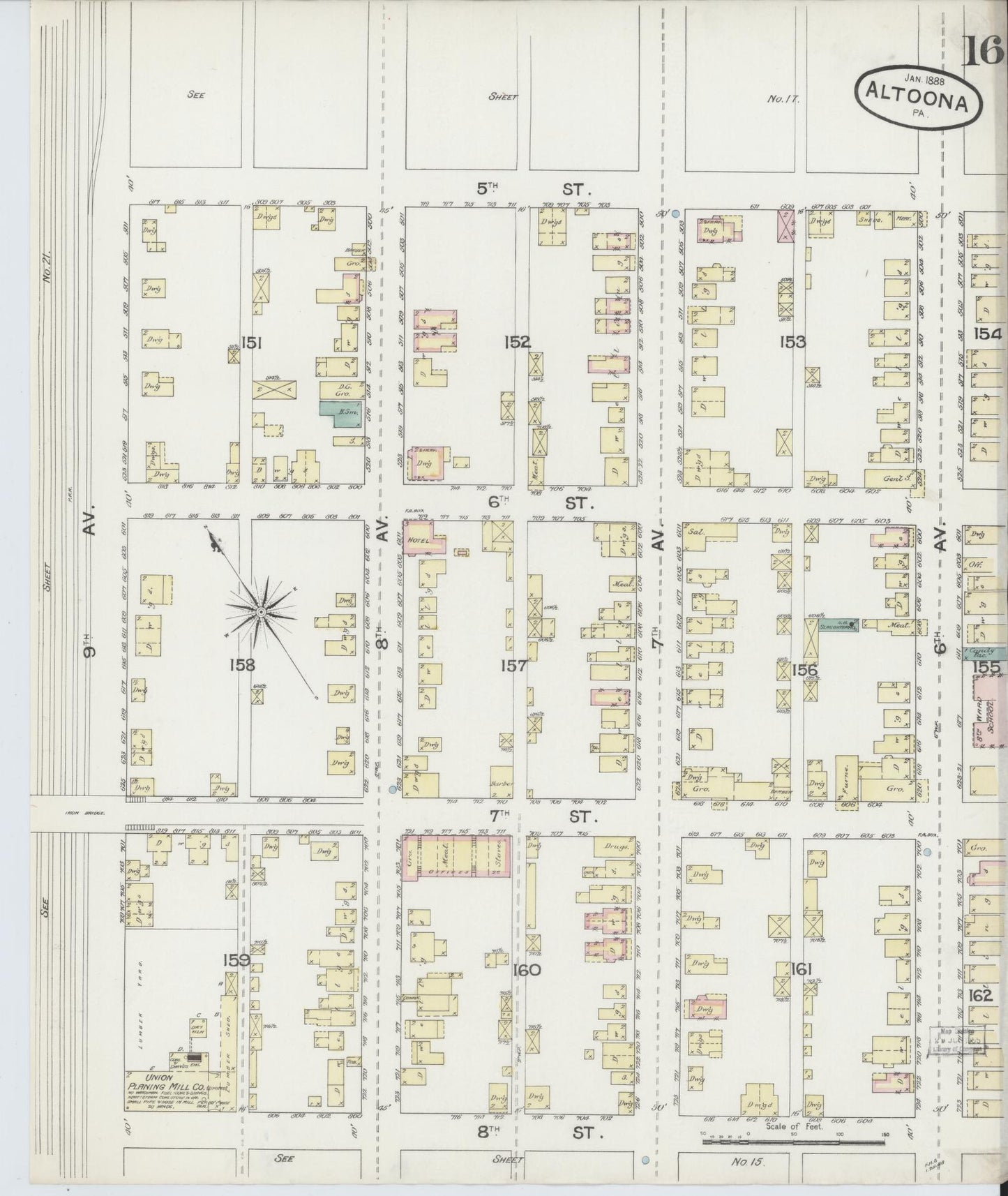 Sanborn Fire Insurance Map from Altoona, Blair County, Pennsylvania (1888), Sheet #0016 - Historic Sanborn Fire Insurance Map Print, vintage old map wall art, antique decor, genealogy gift, Pennsylvania Pennsylvania map