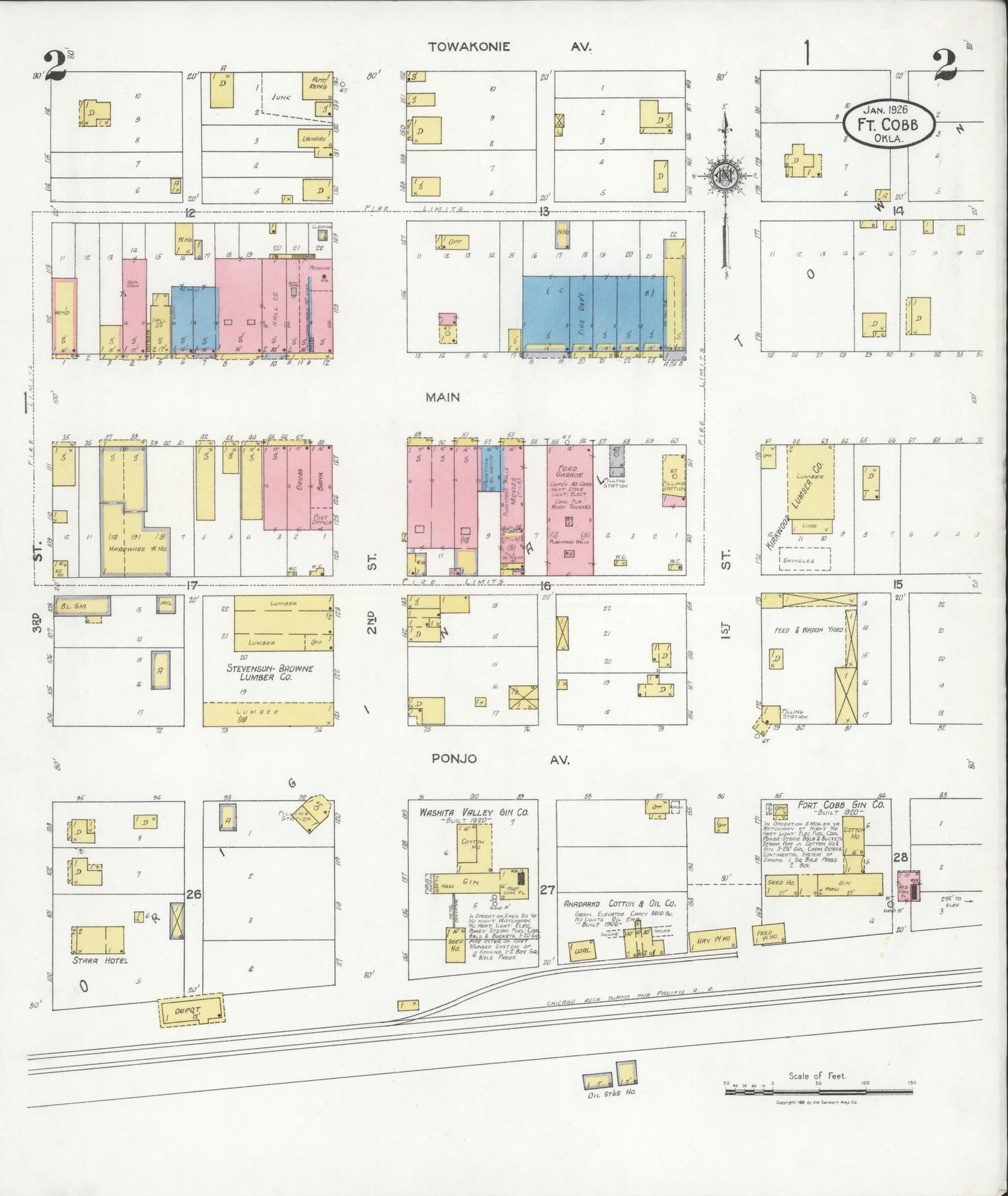 Sanborn Fire Insurance Map from Fort Cobb, Caddo County, Oklahoma (1926), Sheet #0002 - Historic Sanborn Fire Insurance Map Print, vintage old map wall art, antique decor, genealogy gift, Oklahoma Oklahoma map