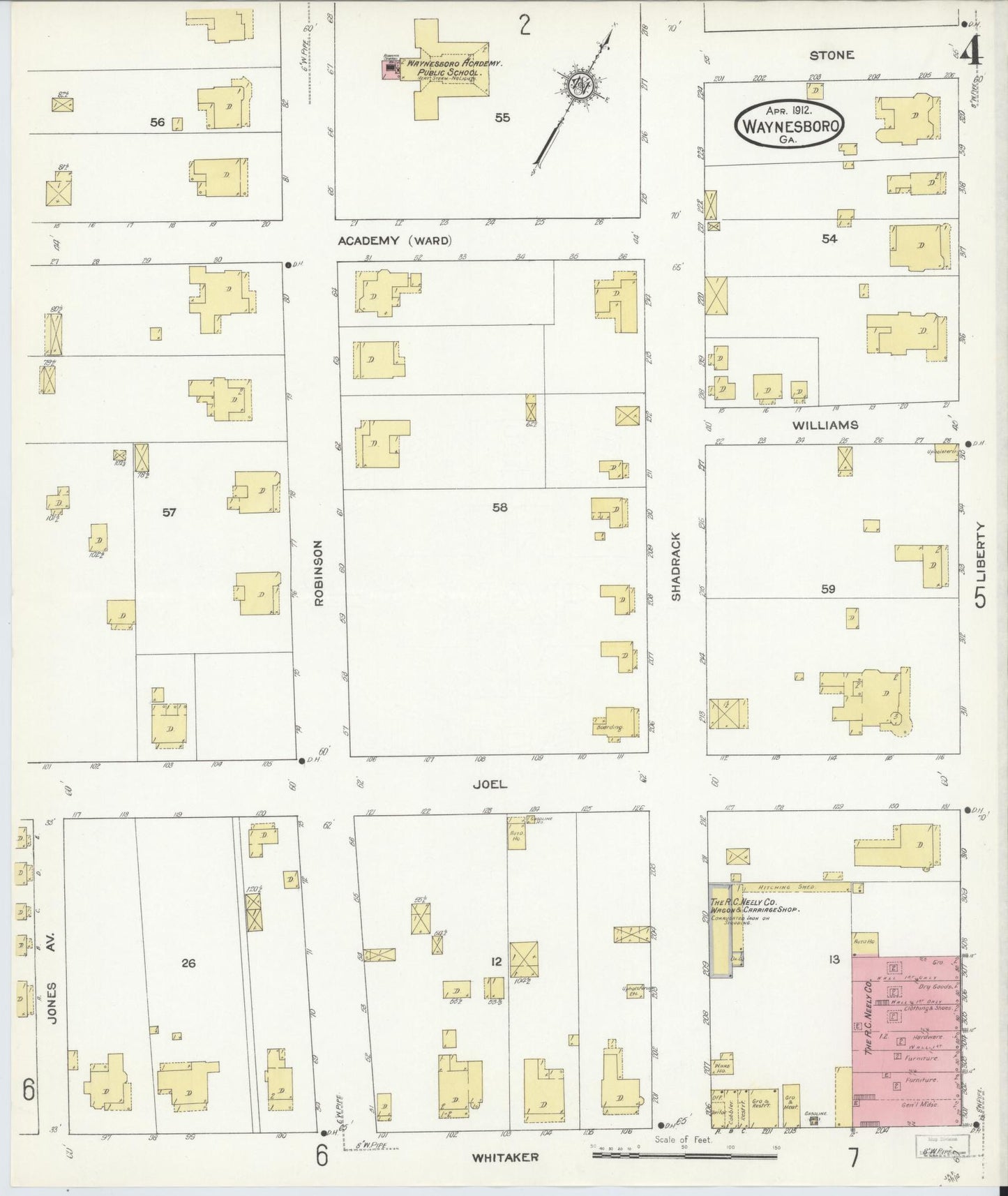 Sanborn Fire Insurance Map from Waynesboro, Burke County, Georgia (1912), Sheet #0004 - Historic Sanborn Fire Insurance Map Print, vintage old map wall art, antique decor, genealogy gift, Georgia Georgia map