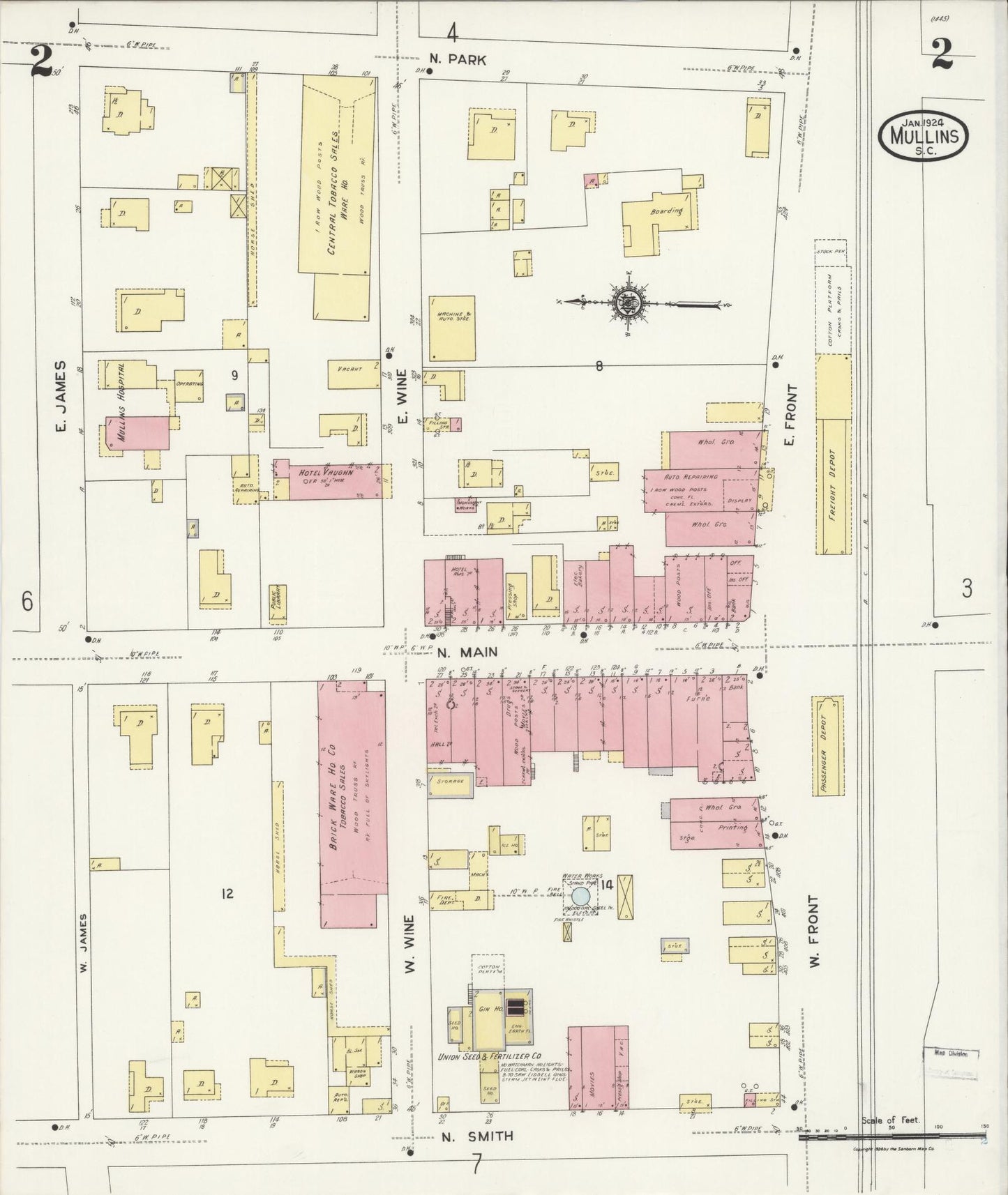 Sanborn Fire Insurance Map from Mullins, Marion County, South Carolina (1924), Sheet #0002 - Historic Sanborn Fire Insurance Map Print, vintage old map wall art, antique decor, genealogy gift, South Carolina South Carolina map