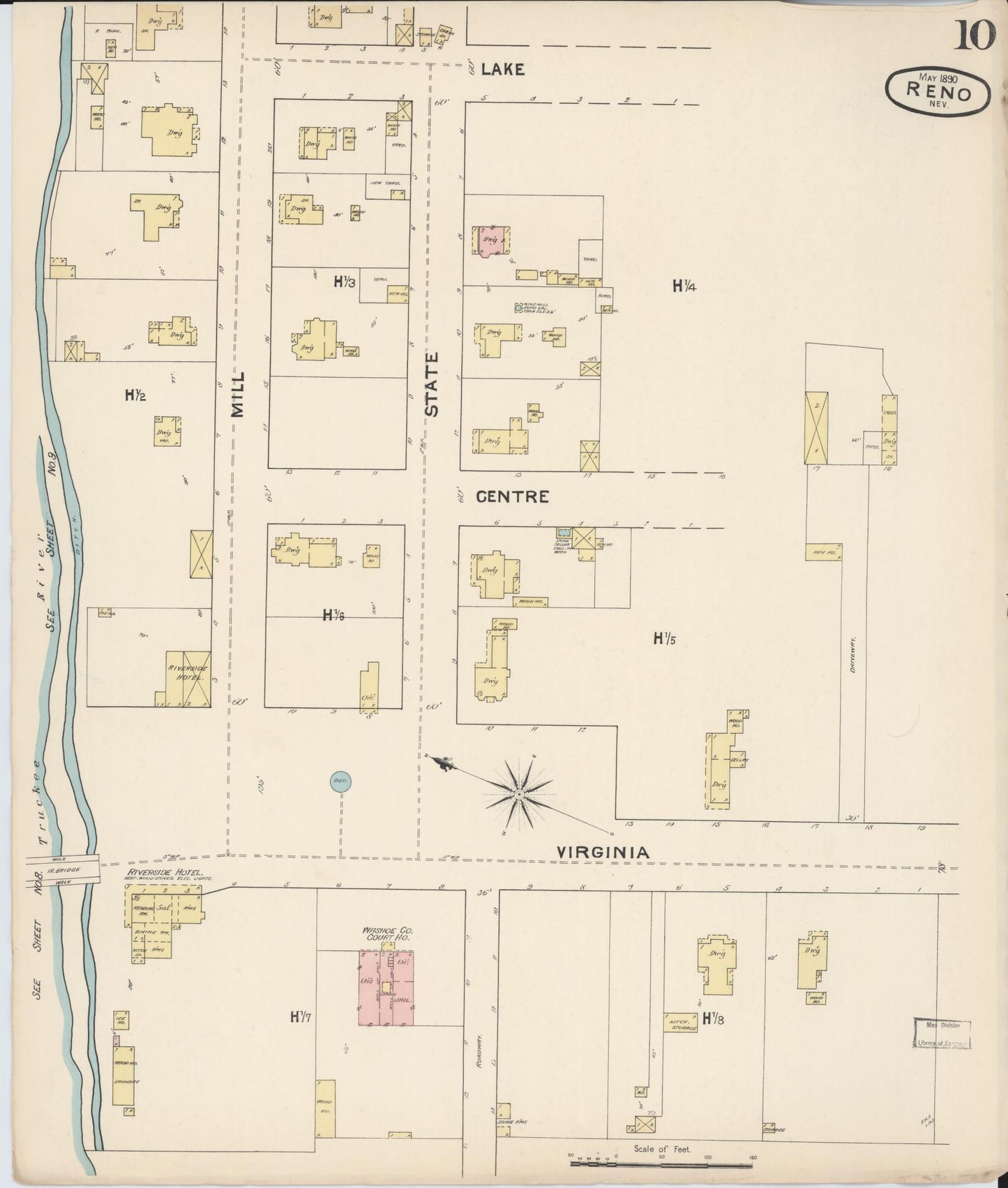 Sanborn Fire Insurance Map from Reno, Washoe County, Nevada (1890), Sheet #0010 - Complete Map Set gallery image, historic Sanborn map, vintage wall art, Nevada Nevada