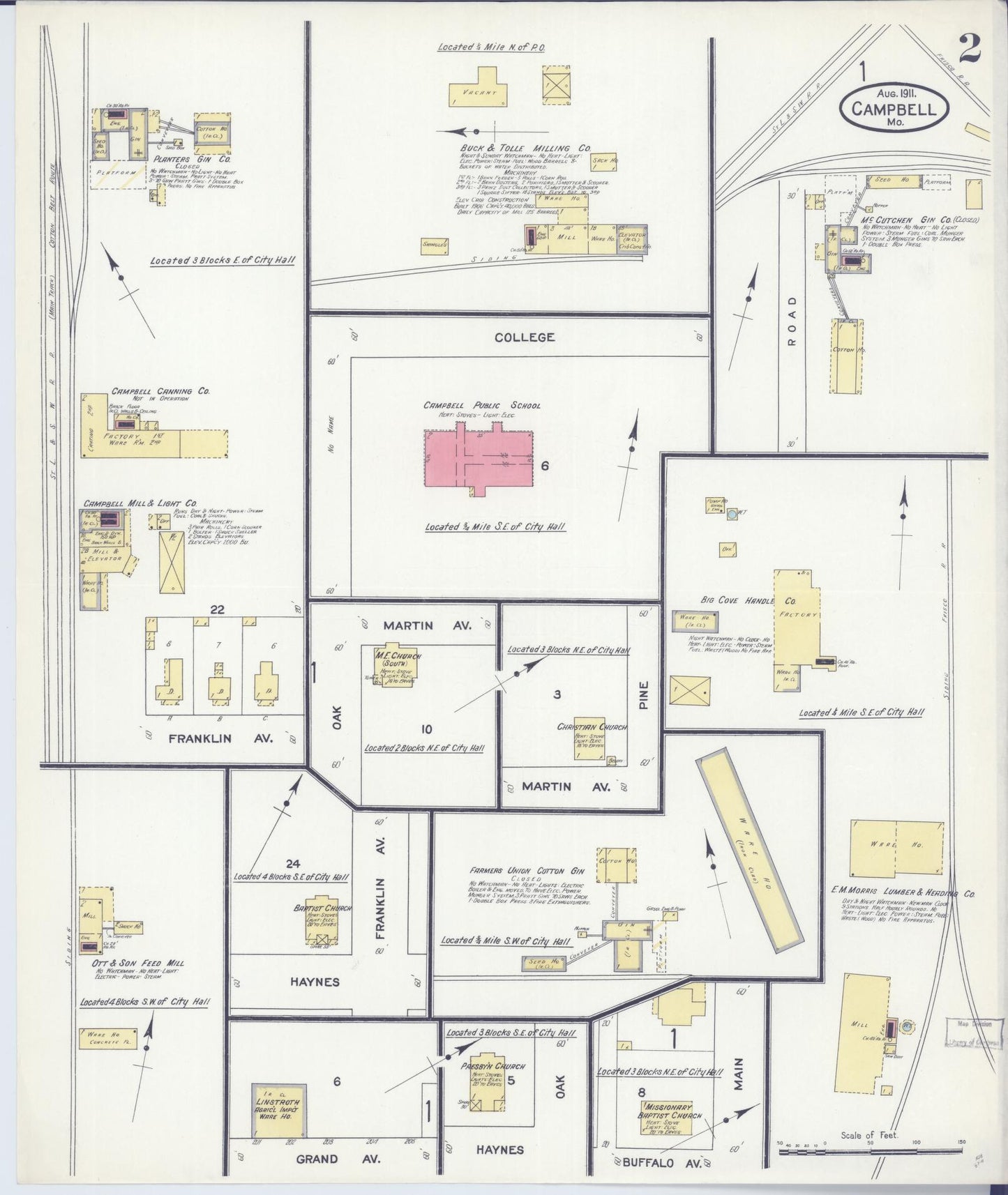 Sanborn Fire Insurance Map from Campbell, Dunklin County, Missouri (1911), Sheet #0002 - Complete Map Set gallery image, historic Sanborn map, vintage wall art, Missouri Missouri
