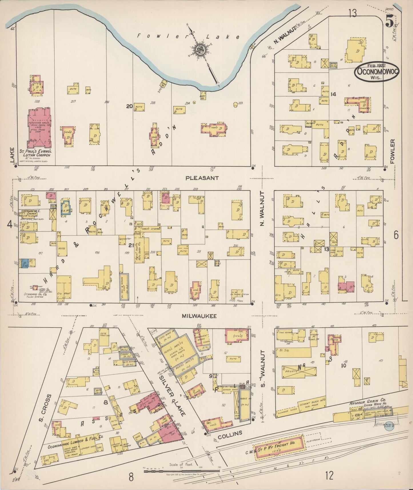 Sanborn Fire Insurance Map from Oconomowoc, Waukesha County, Wisconsin (1922), Sheet #0005 - Historic Sanborn Fire Insurance Map Print, vintage old map wall art, antique decor, genealogy gift, Wisconsin Wisconsin map