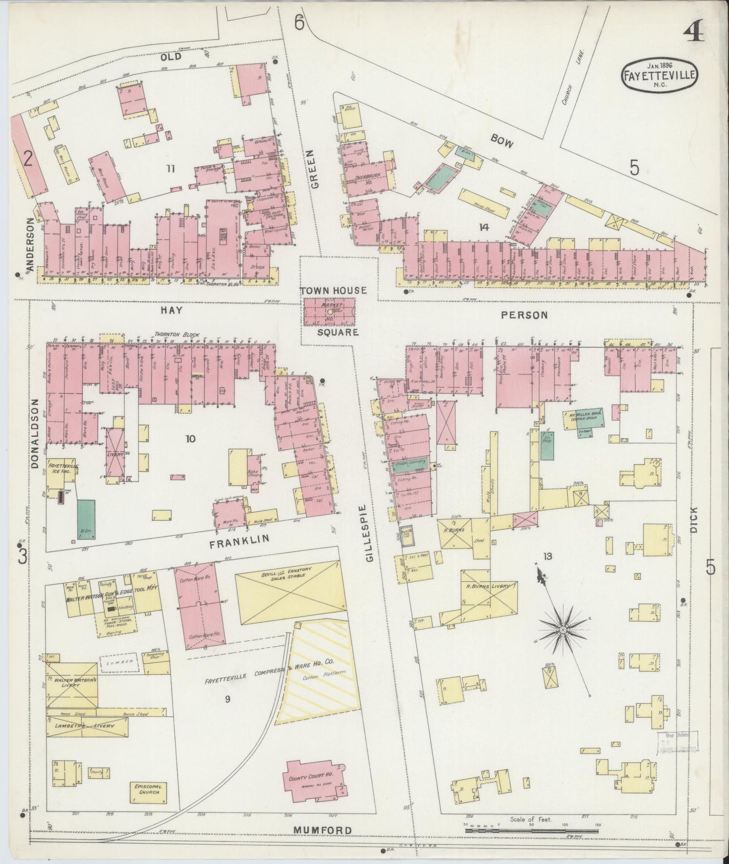 Sanborn Fire Insurance Map from Fayetteville, Cumberland County, North Carolina (1896), Sheet #0004 - Historic Sanborn Fire Insurance Map Print, vintage old map wall art, antique decor, genealogy gift, North Carolina North Carolina map