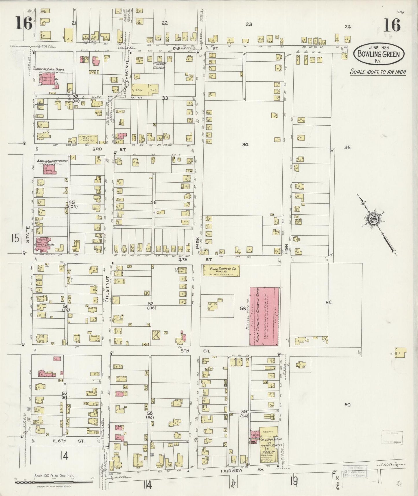 Sanborn Fire Insurance Map from Bowling Green, Warren County, Kentucky (1925), Sheet #0016 - Historic Sanborn Fire Insurance Map Print, vintage old map wall art, antique decor, genealogy gift, Kentucky Kentucky map