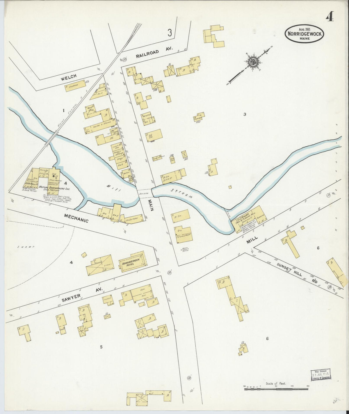 Sanborn Fire Insurance Map from Norridgewock, Somerset County, Maine (1911), Sheet #0004 - Historic Sanborn Fire Insurance Map Print, vintage old map wall art, antique decor, genealogy gift, Maine Maine map