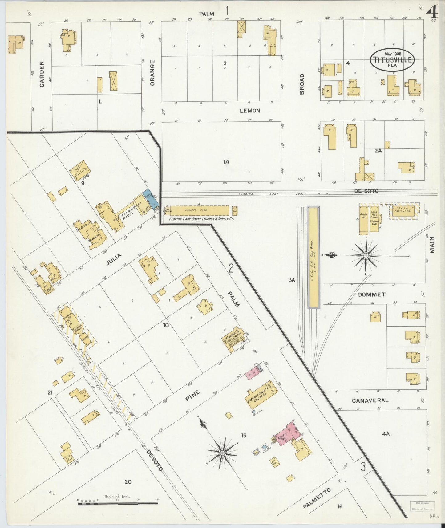 Sanborn Fire Insurance Map from Titusville, Brevard County, Florida (1908), Sheet #0004 - Complete Map Set gallery image, historic Sanborn map, vintage wall art, Florida Florida