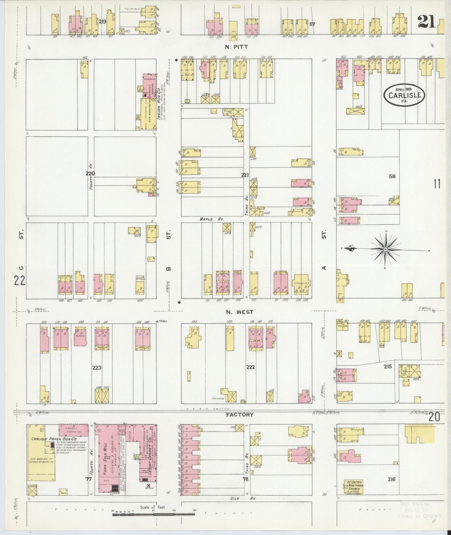 Sanborn Fire Insurance Map from Carlisle, Cumberland County, Pennsylvania (1909), Sheet #0021 - Historic Sanborn Fire Insurance Map Print, vintage old map wall art, antique decor, genealogy gift, Pennsylvania Pennsylvania map