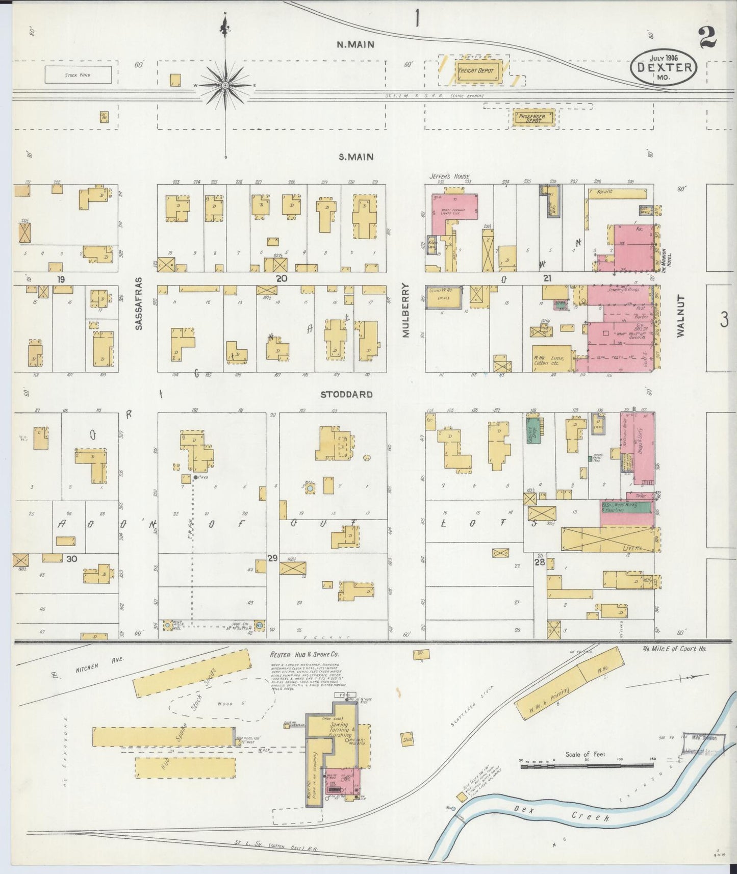 Sanborn Fire Insurance Map from Dexter, Stoddard County, Missouri (1906), Sheet #0002 - Historic Sanborn Fire Insurance Map Print, vintage old map wall art, antique decor, genealogy gift, Missouri Missouri map