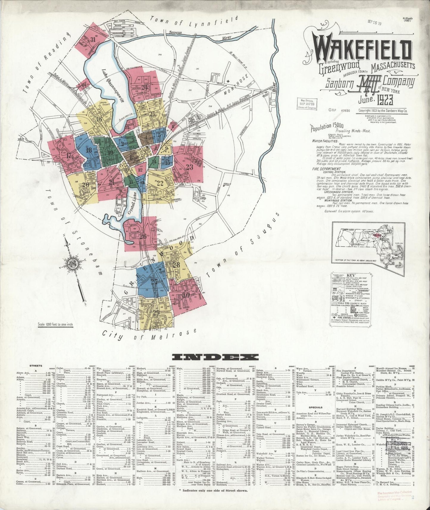 Sanborn Fire Insurance Map from Wakefield, Middlesex County, Massachusetts (1923), Sheet #0001 - Historic Sanborn Fire Insurance Map Print, vintage old map wall art, antique decor, genealogy gift, Massachusetts Massachusetts map