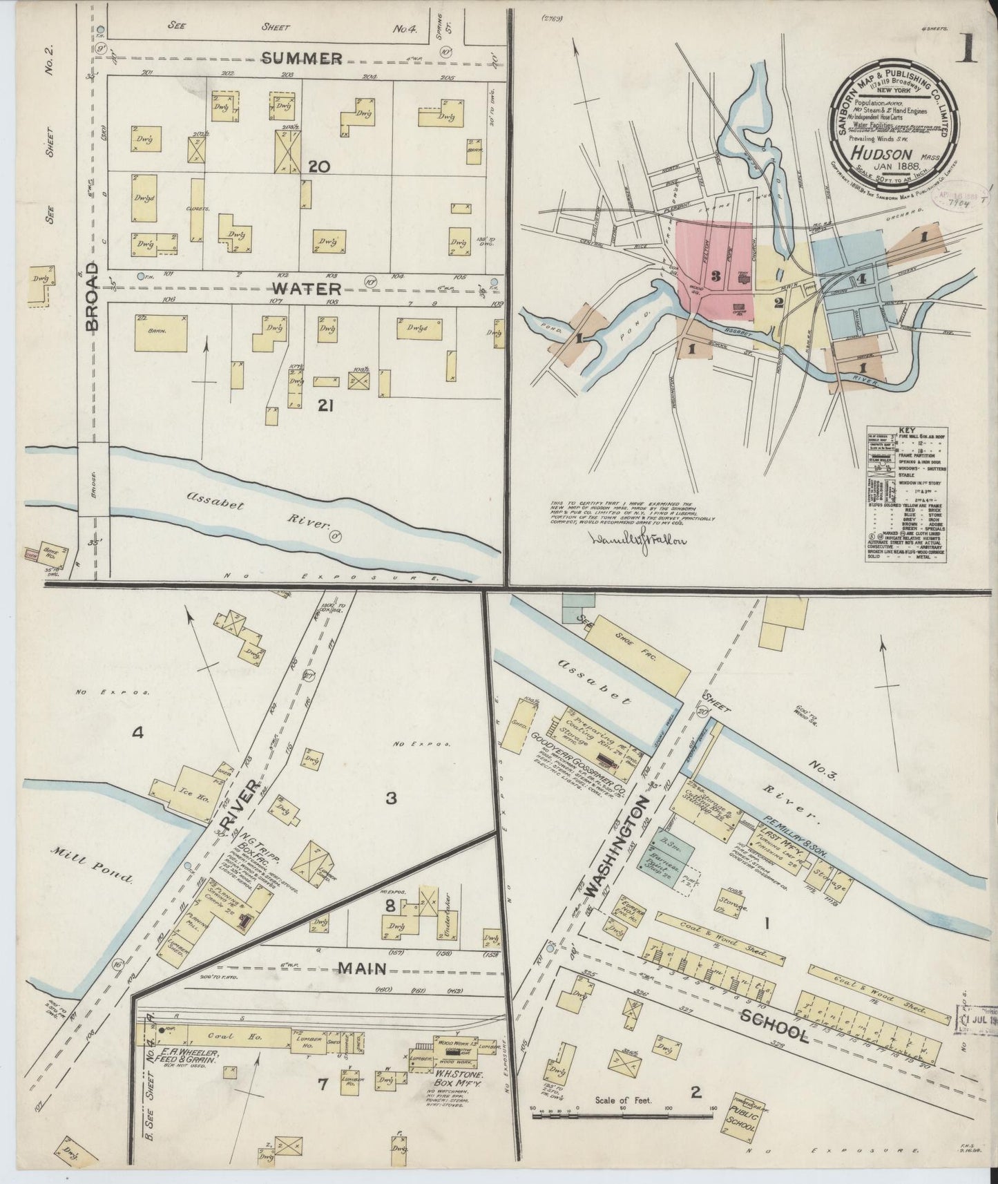 Sanborn Fire Insurance Map from Hudson, Middlesex County, Massachusetts (1888), Sheet #0001 - Historic Sanborn Fire Insurance Map Print, vintage old map wall art, antique decor, genealogy gift, Massachusetts Massachusetts map
