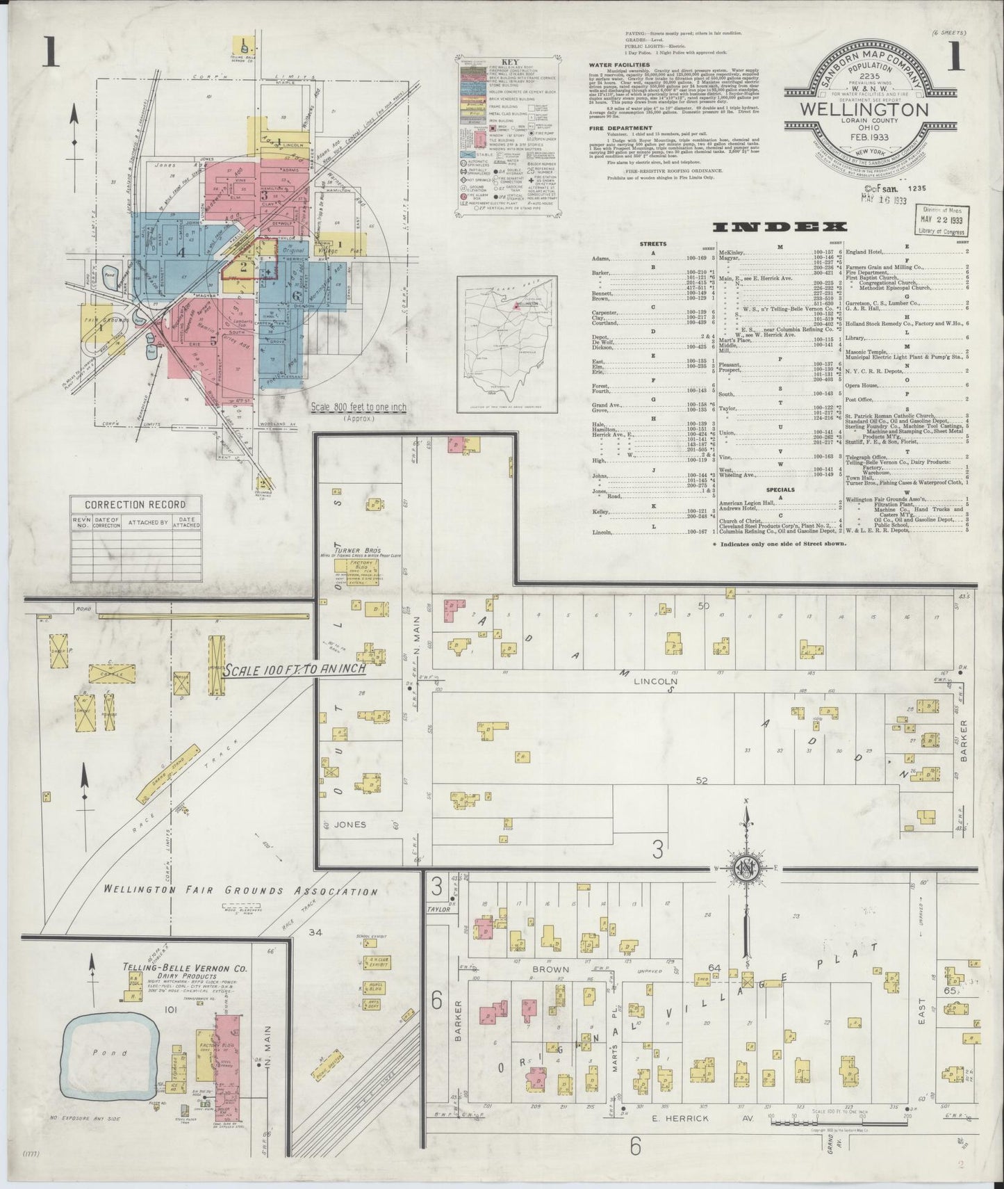 Sanborn Fire Insurance Map from Wellington, Lorain County, Ohio (1933), Sheet #0001 - Historic Sanborn Fire Insurance Map Print, vintage old map wall art, antique decor, genealogy gift, Ohio Ohio map