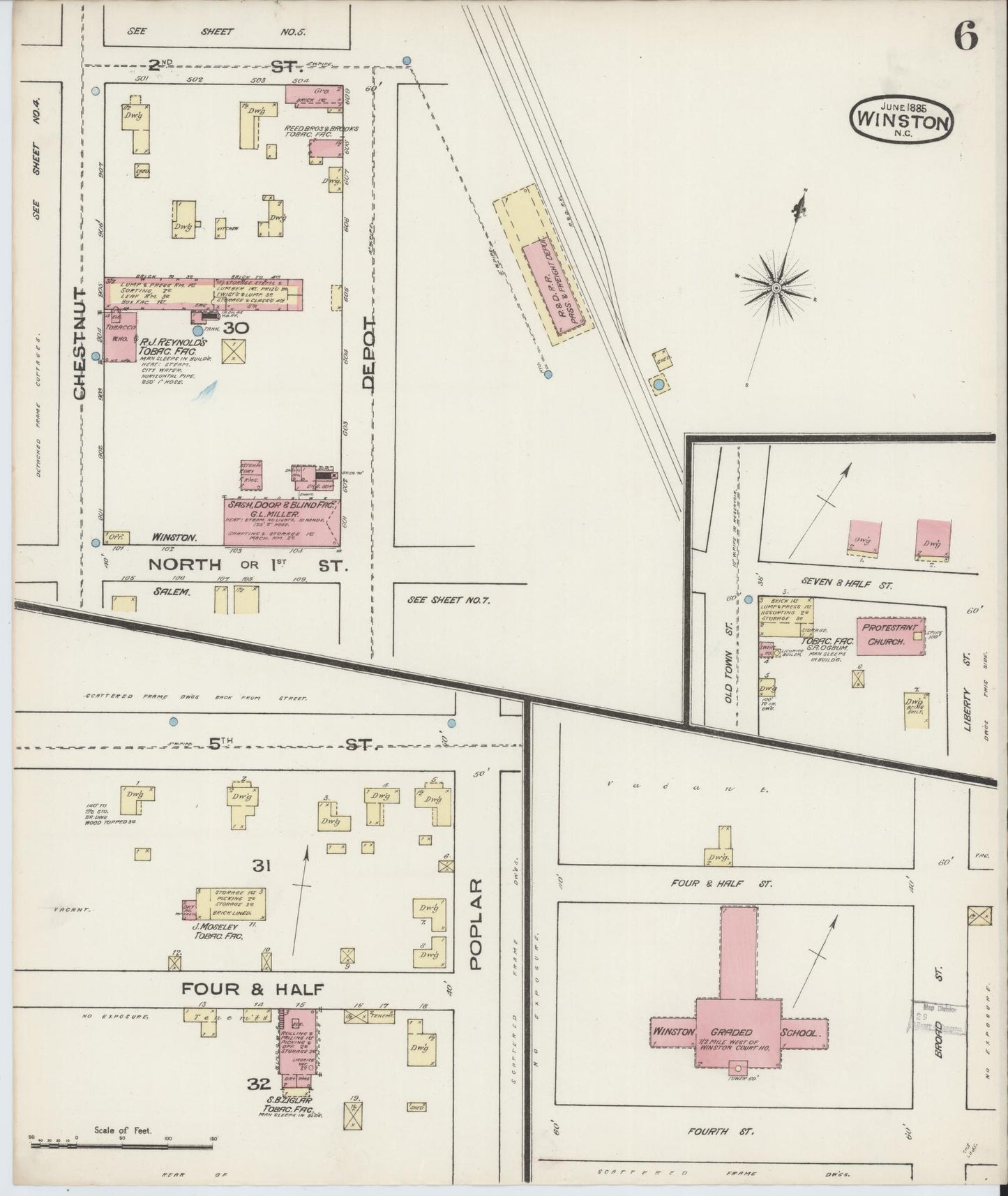 Sanborn Fire Insurance Map from Winston-Salem, Forsyth County, North Carolina (1885), Sheet #0006 - Historic Sanborn Fire Insurance Map Print, vintage old map wall art, antique decor, genealogy gift, North Carolina North Carolina map