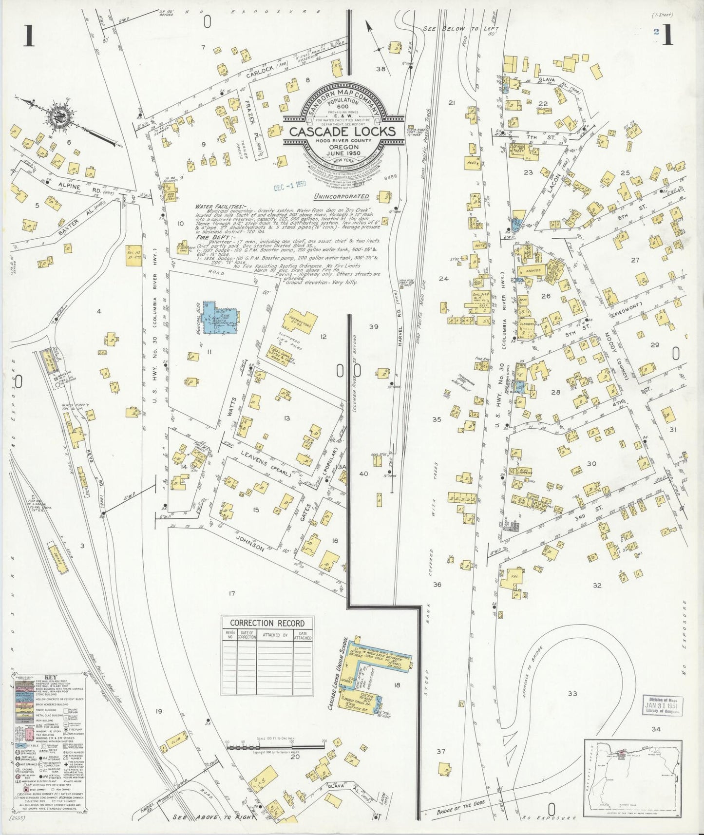 Sanborn Fire Insurance Map from Cascade Locks, Hood River County, Oregon (1950), Sheet #0001 - Historic Sanborn Fire Insurance Map Print, vintage old map wall art, antique decor, genealogy gift, Oregon Oregon map