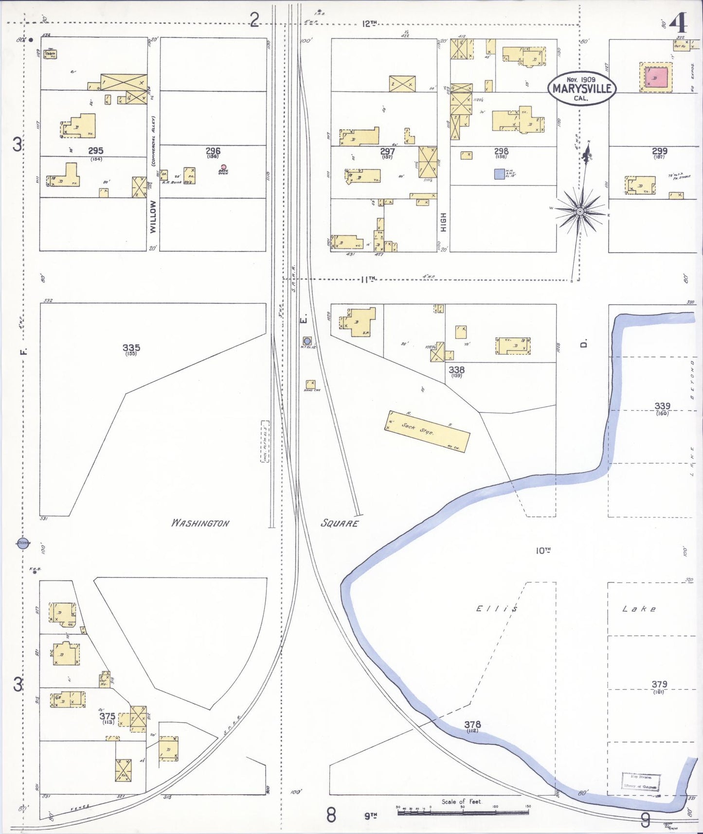 Sanborn Fire Insurance Map from Marysville, Yuba County, California (1909), Sheet #0004 - Historic Sanborn Fire Insurance Map Print, vintage old map wall art, antique decor, genealogy gift, California California map